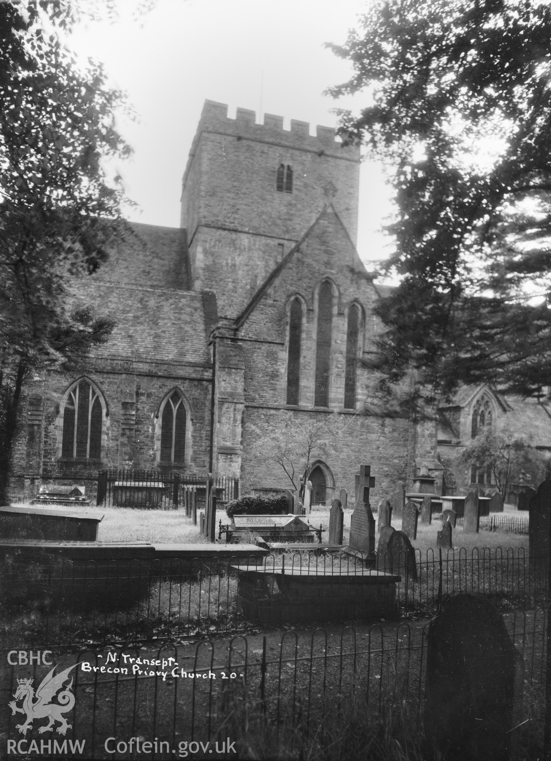 Exterior view of Brecon Priory Church, taken by W A Call circa 1920.