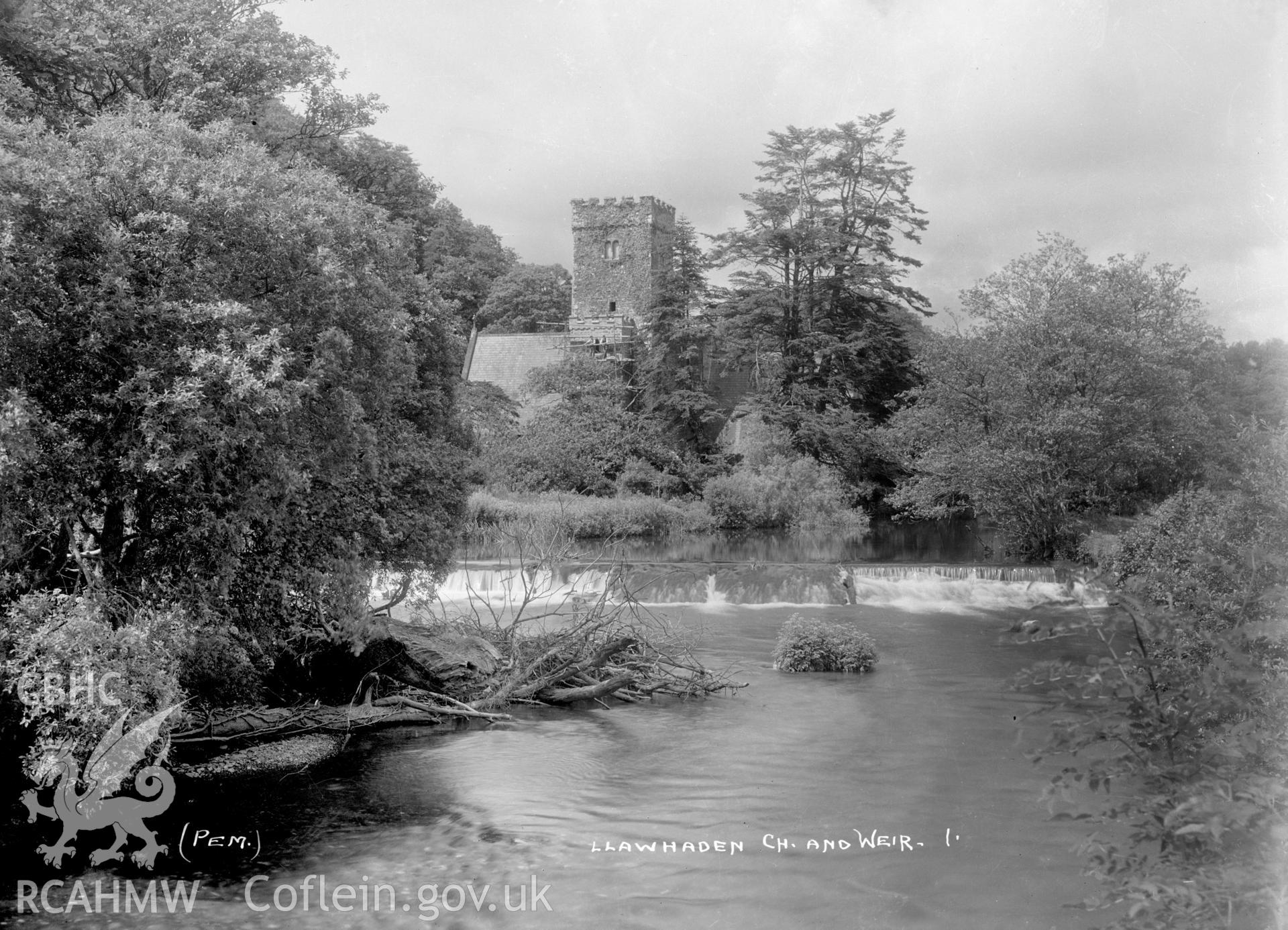 Exterior view of Llawhaden Church and weir, Pembs taken by W A Call,1931.