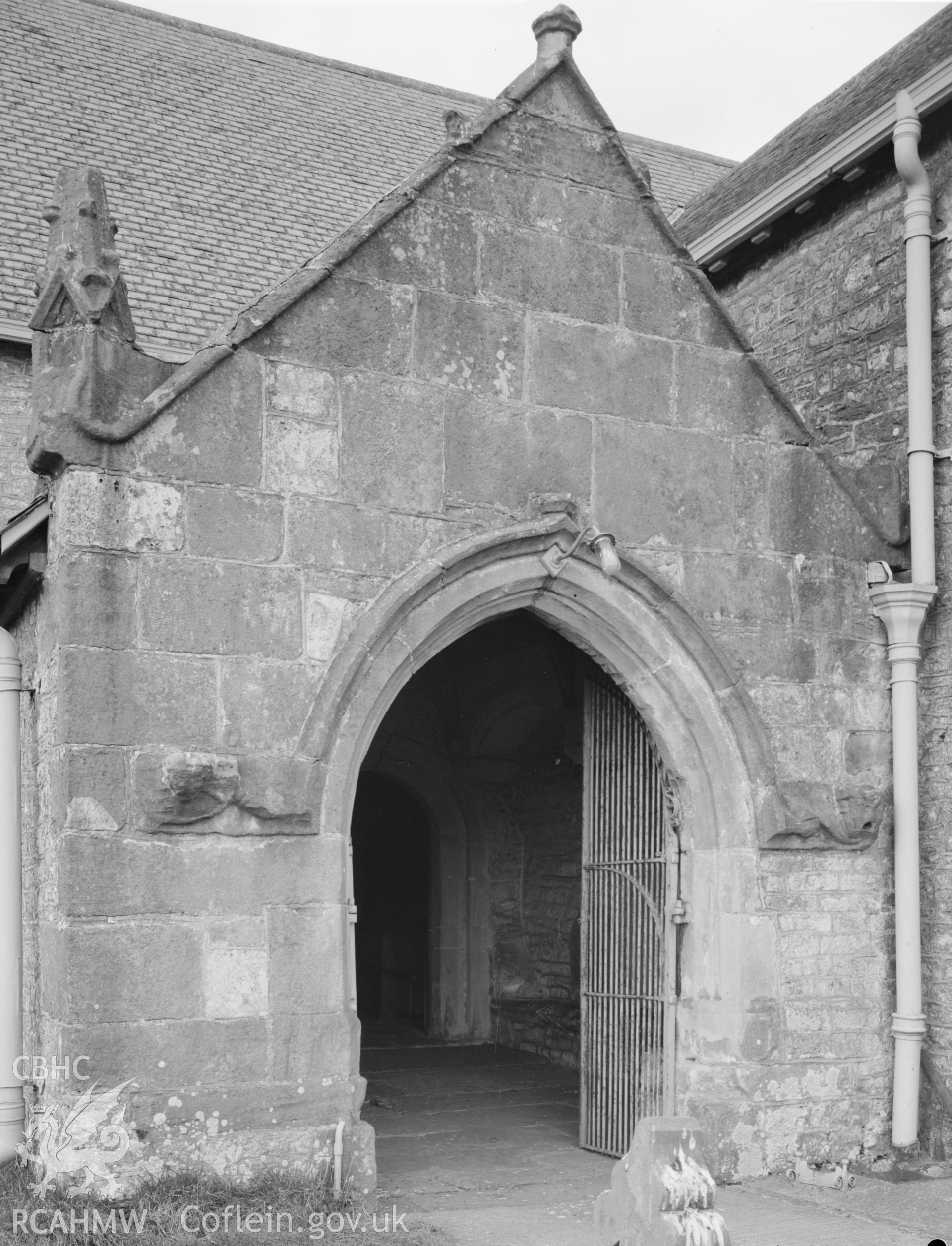 Exterior view of the porch of St Blethian's Church, Llanblethian taken 25.03.65.