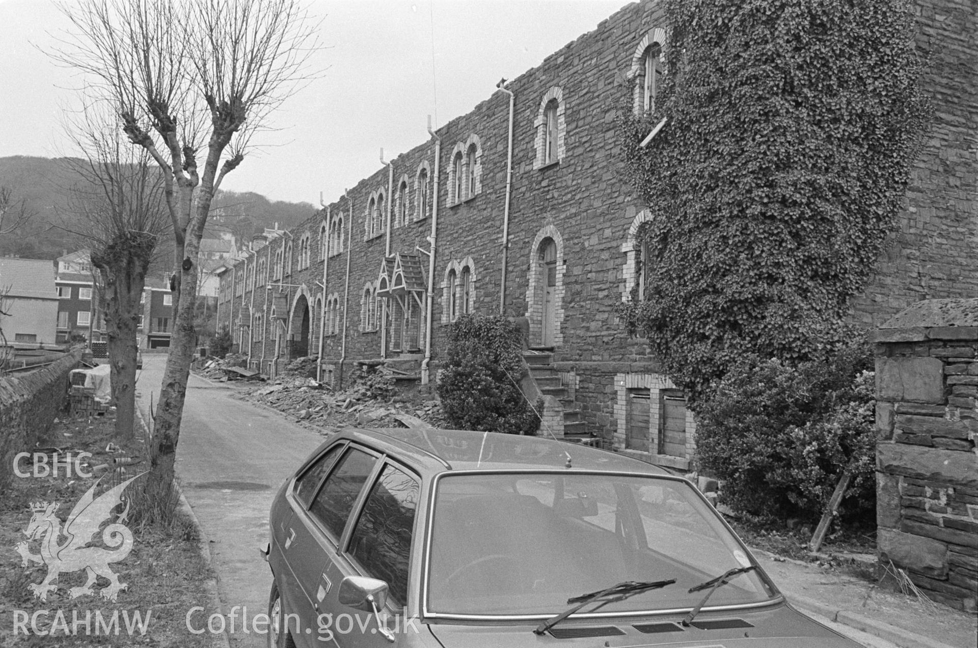 Photo showing Gogerddan Barracks, Aberystwyth, during demolition in 1980.