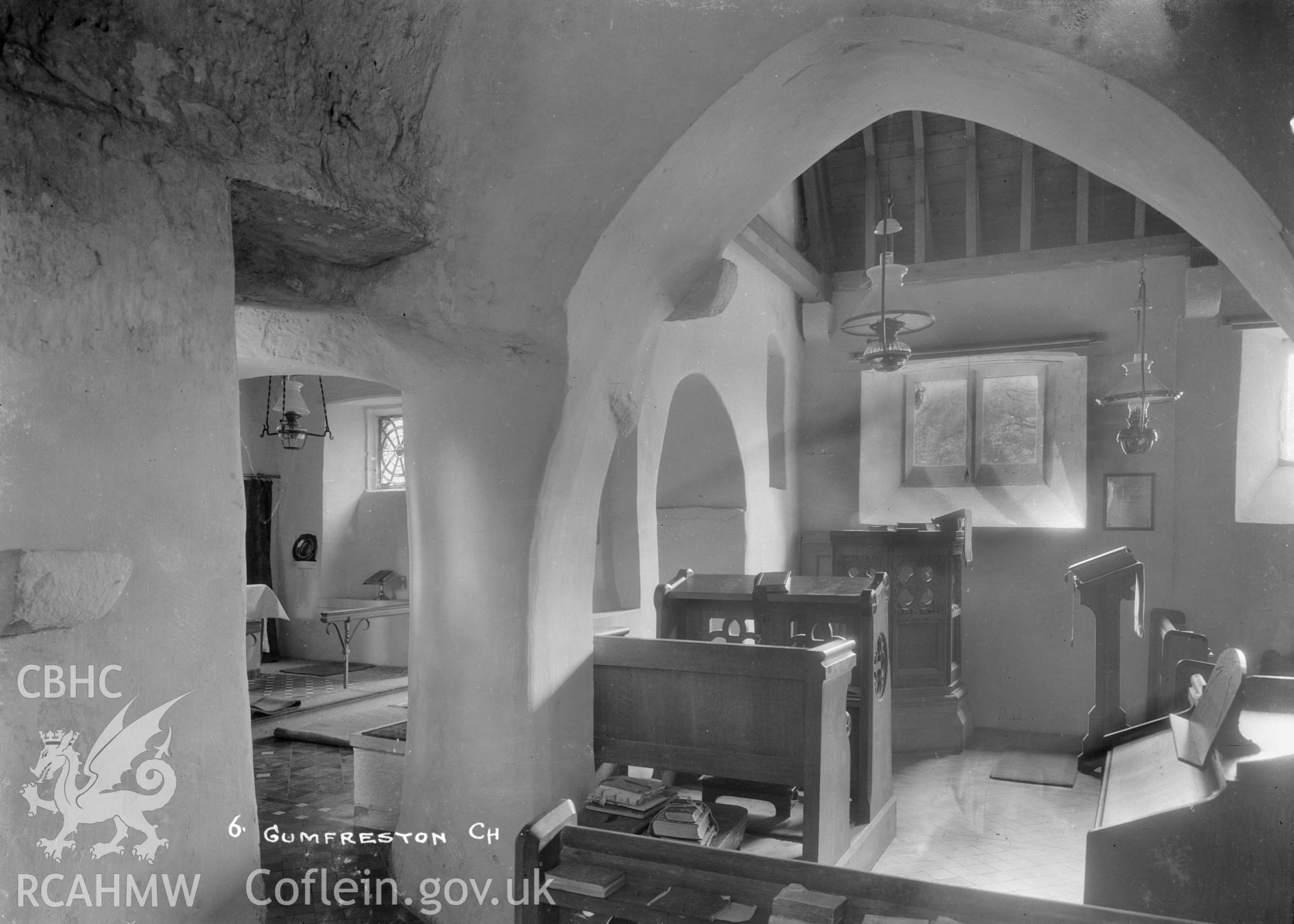 Interior view of Gumfreston Church, Pembs W A Call, taken 1931.