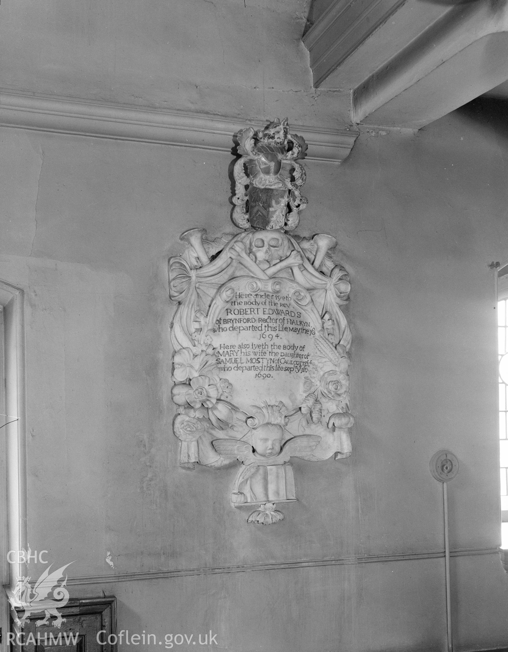 Interior view of Holywell Church showing memorial to Robert Edwards,  taken 13.05.1942.