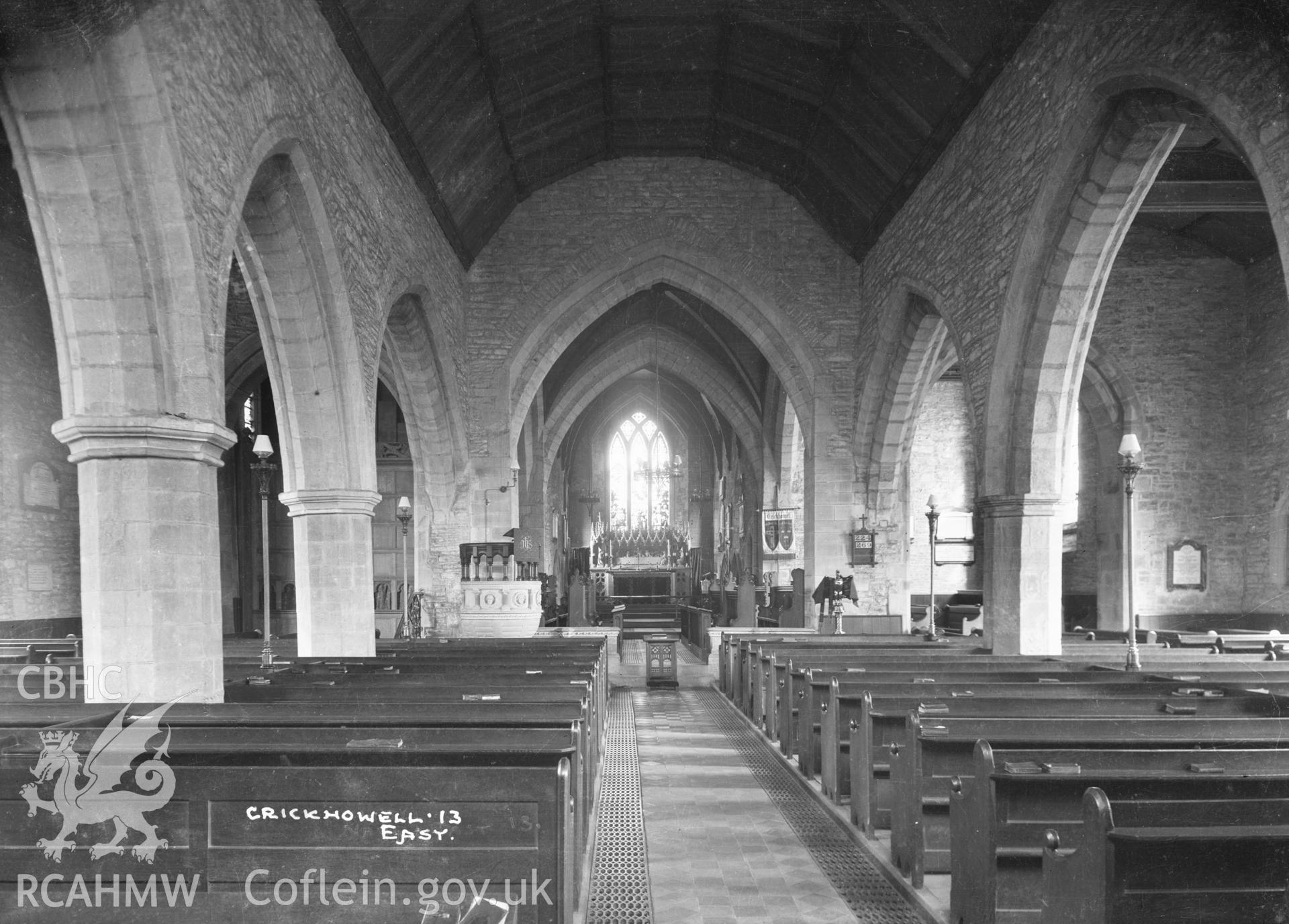 Interior view of Crickhowell Church looking east,  taken by W A Call circa 1920.