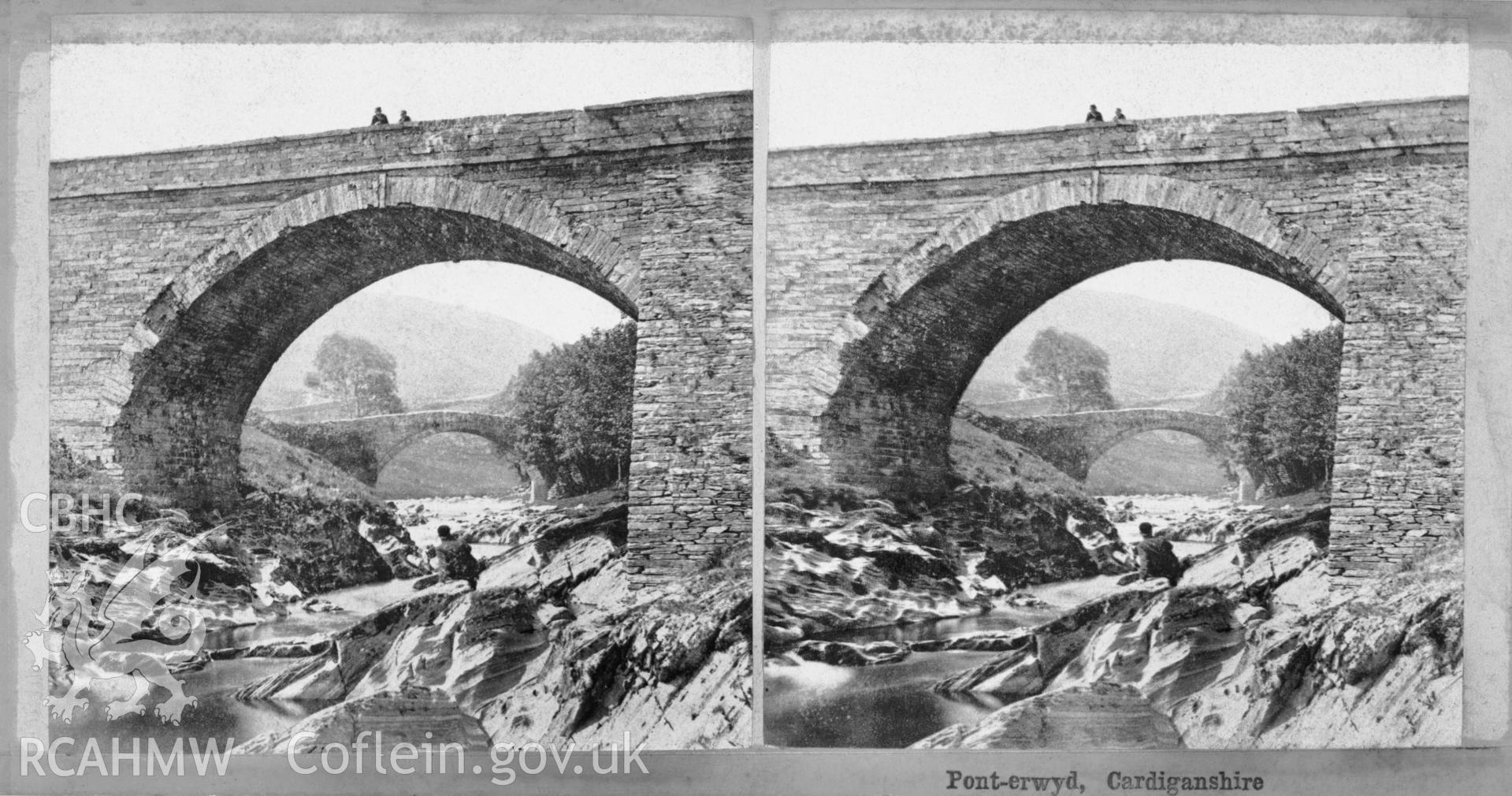 Black and white print of Pont-Erwyd Old Bridge, copied from an original stereoscopic picture in the possession of Thomas Lloyd. Copy negative held.