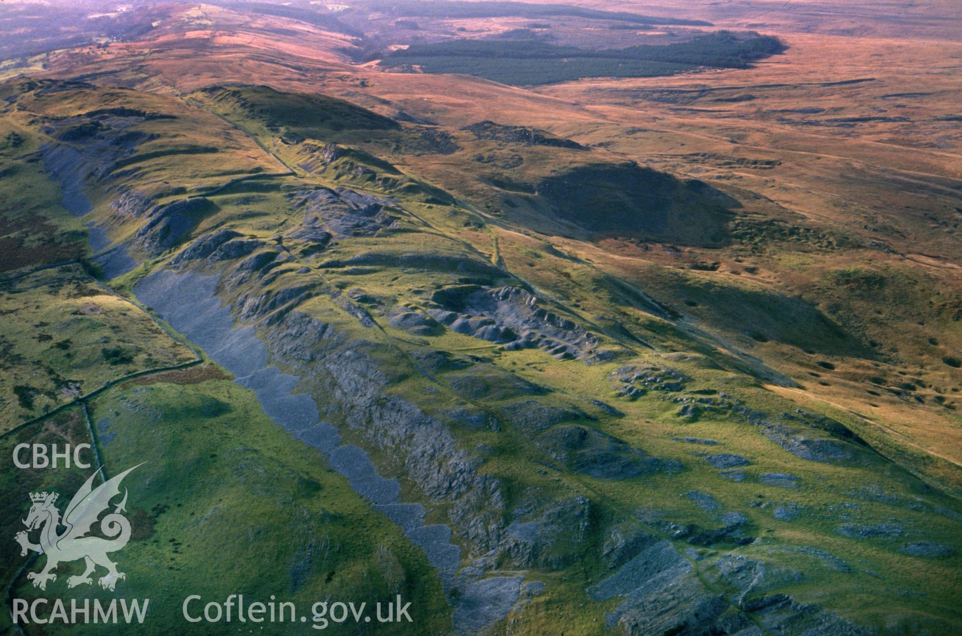 RCAHMW colour slide oblique aerial photograph showing Cribarth Quarries and  Grawen Depot, Cray, taken by CR Musson on 24/11/88