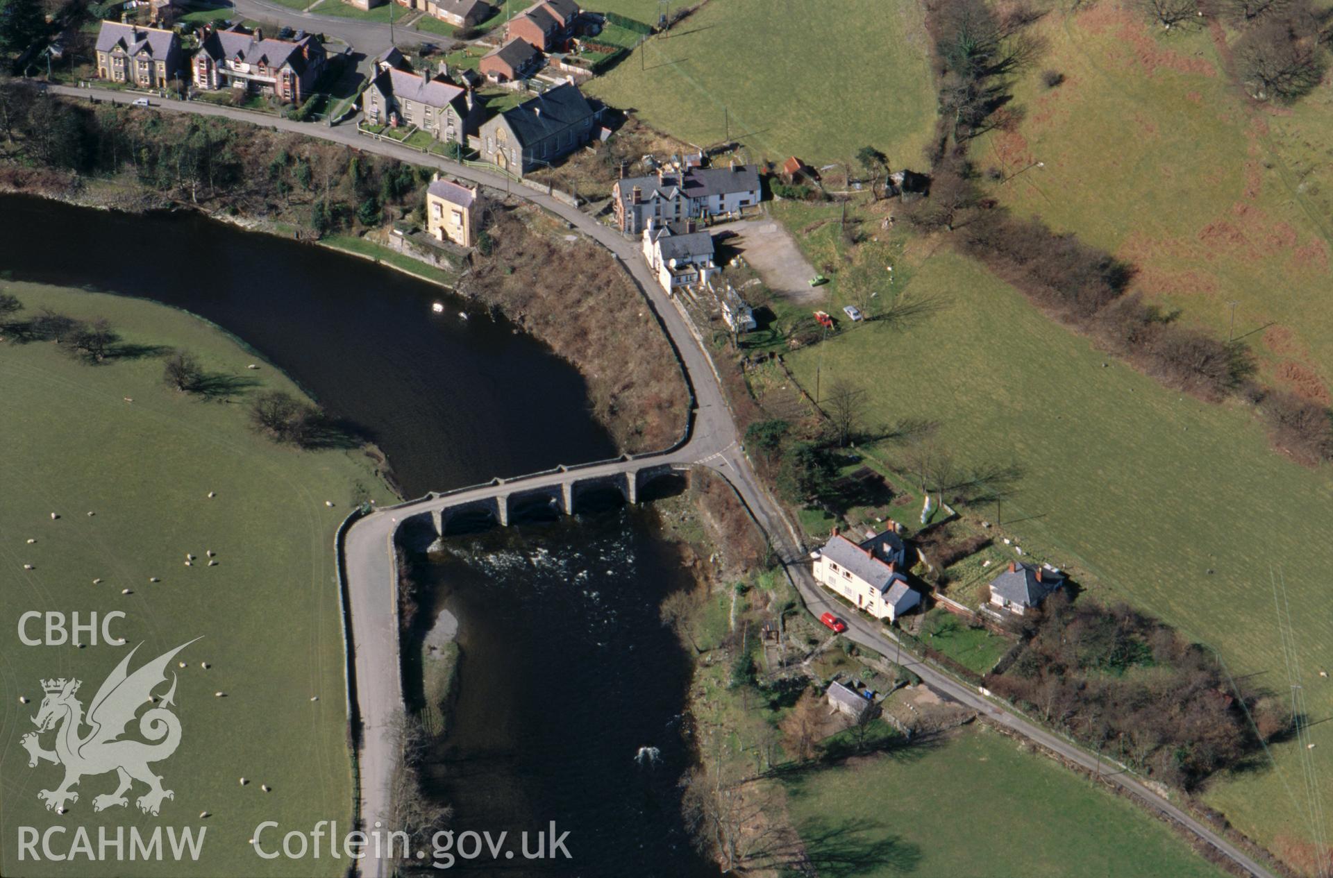 Slide of RCAHMW colour oblique aerial photograph of Carrog, taken by C.R. Musson, 13/3/1995.