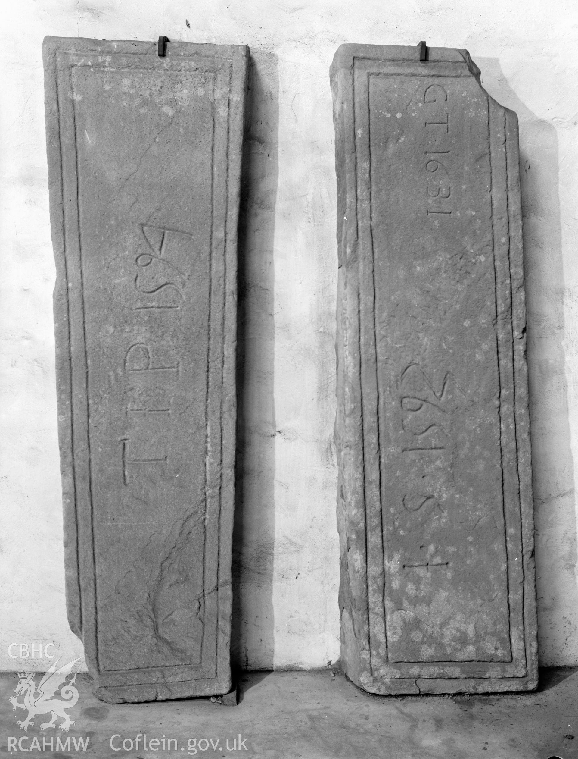 View of inscribed slabs at Margam Abbey, Port Talbot,  taken 18.11.65 .