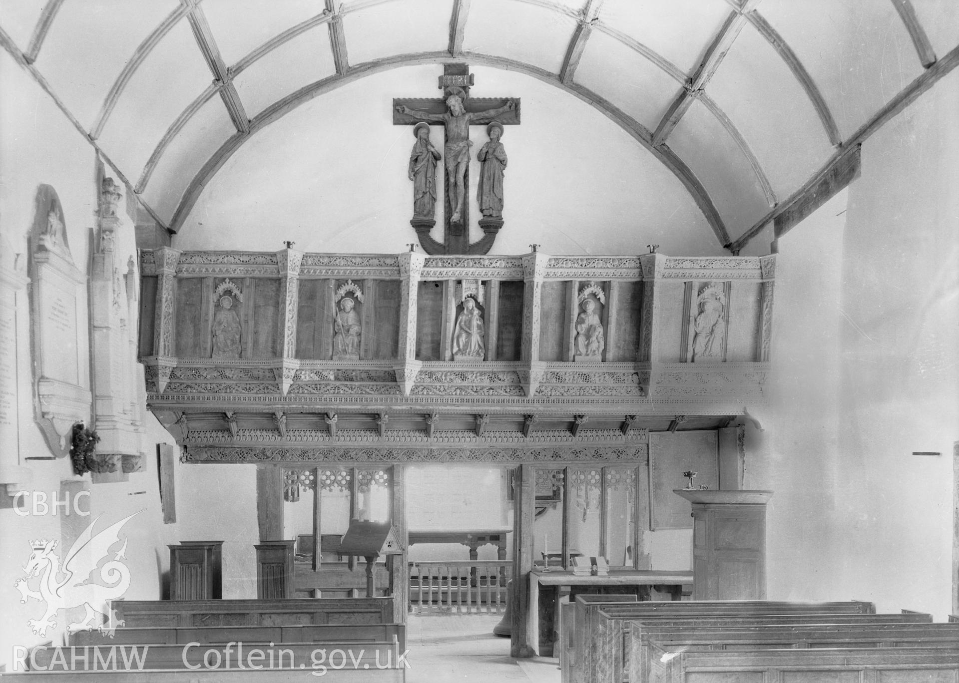 Interior view of St Llanfilo Church showing screen, taken by W A Call circa 1920.