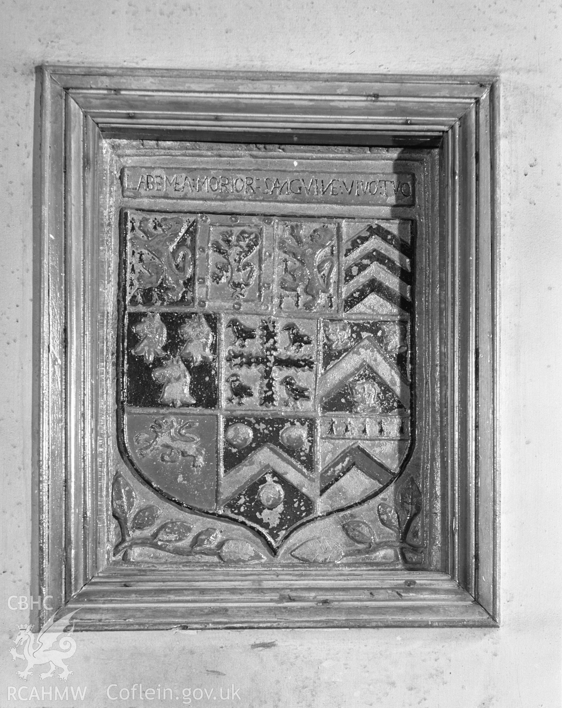 Interior view of Holywell Church showing heraldic shield, Holywell, taken 13.05.1942.