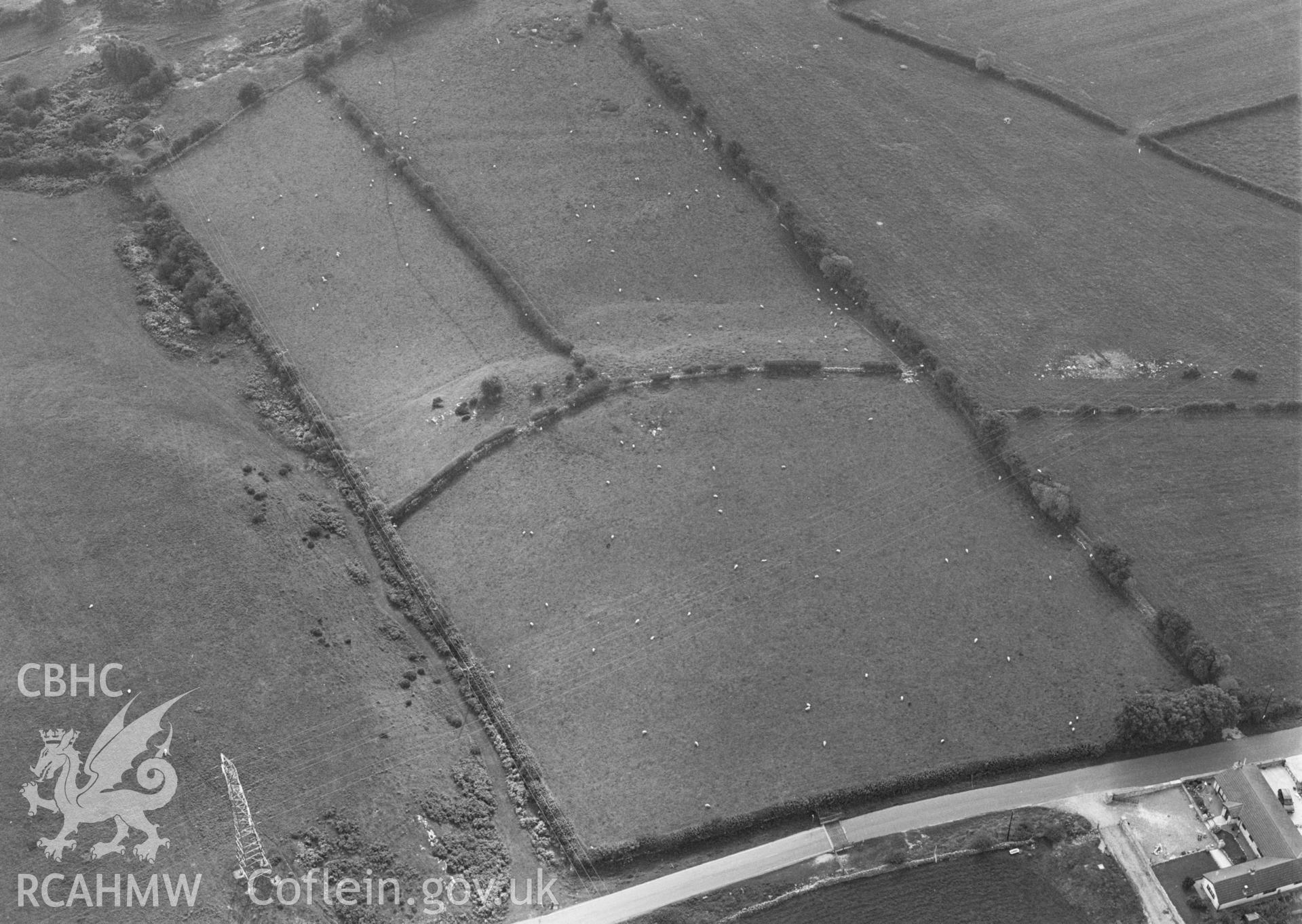 RCAHMW Black and white oblique aerial photograph of Parc-y-Prysau, Round Barrow II, Ysceifiog, taken by T.G.Driver on the 30/08/2000