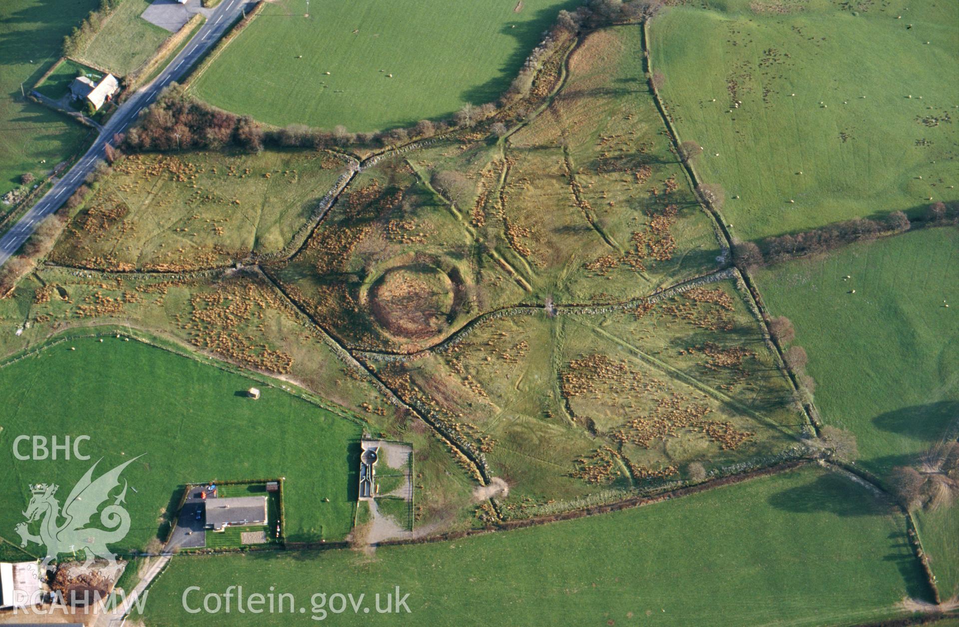 Slide of RCAHMW colour oblique aerial view of Lle'r Prior, Llanafan Fawr. Cwrt y Person, taken by C.R. Musson, 13/4/1995.