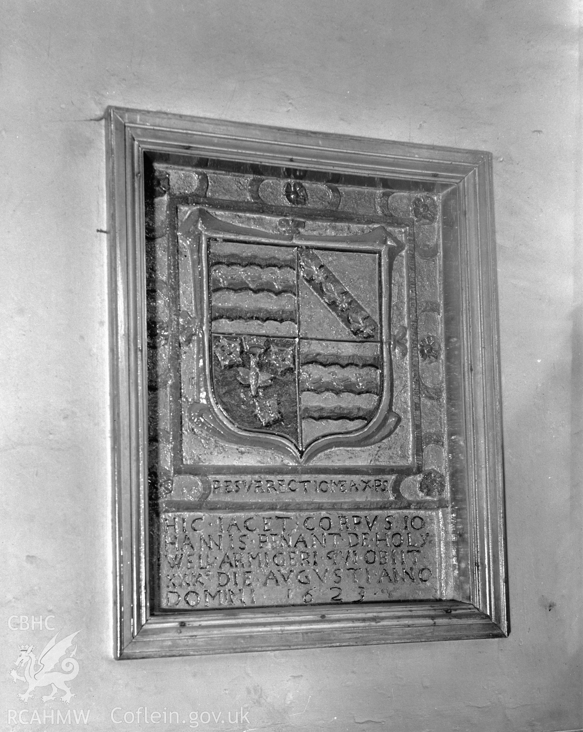 Interior view of Holywell Church showing heraldic shield, taken 13.05.1942.