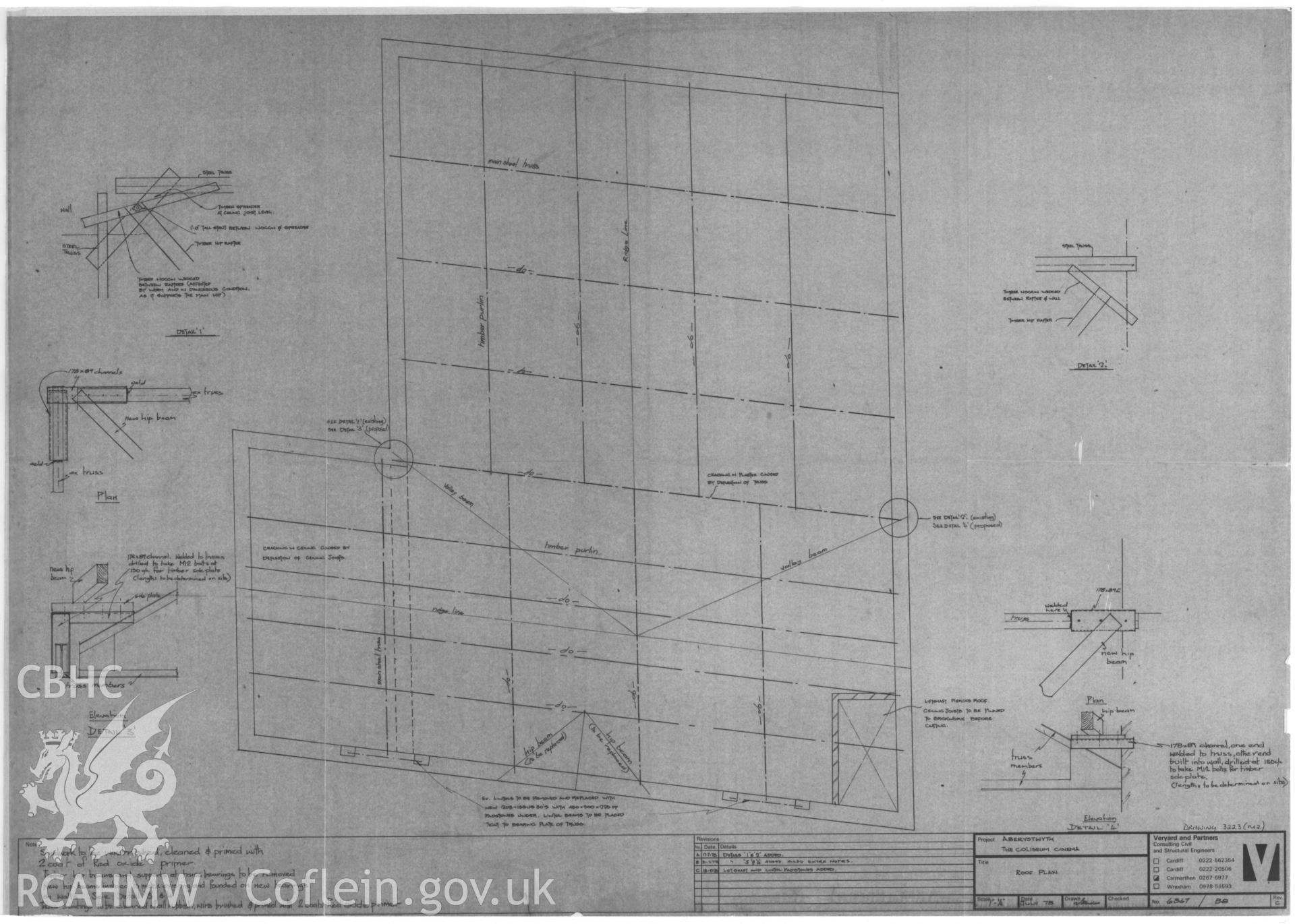 Copy of a non RCAHMW drawing showing roof plan of Coliseum Cinema, Aberystwyth, received in the course of threatened buildings case ref no M/DES/B/CD/79/01