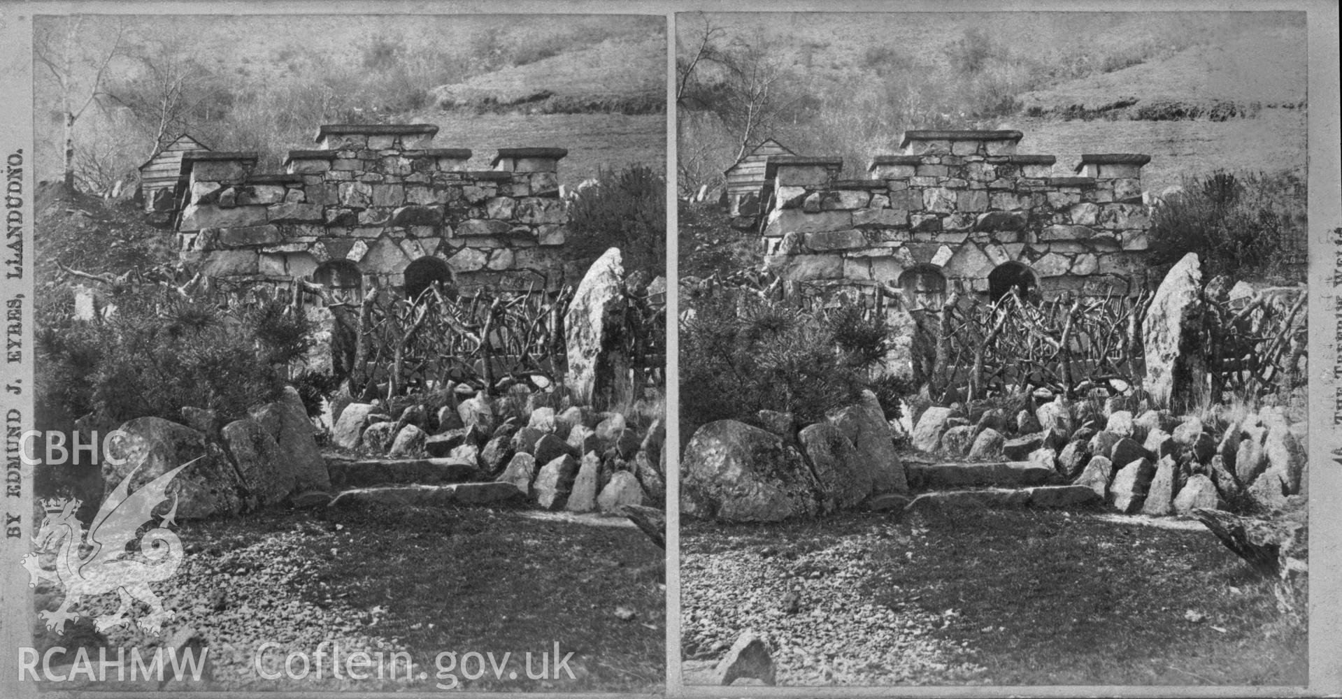 Black and white photograph of Trefriew Chalybeate Wells, copied from an original stereoscopic picture in the possession of Thomas Lloyd. Negative held.