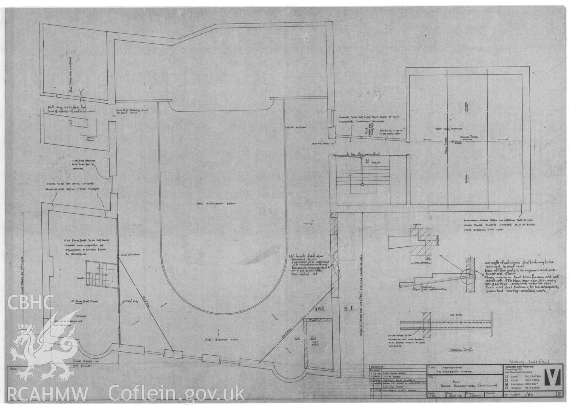 Copy of a non RCAHMW drawing showing third floor plan of Coliseum Cinema, Aberystwyth, received in the course of threatened buildings case ref no M/DES/B/CD/79/01