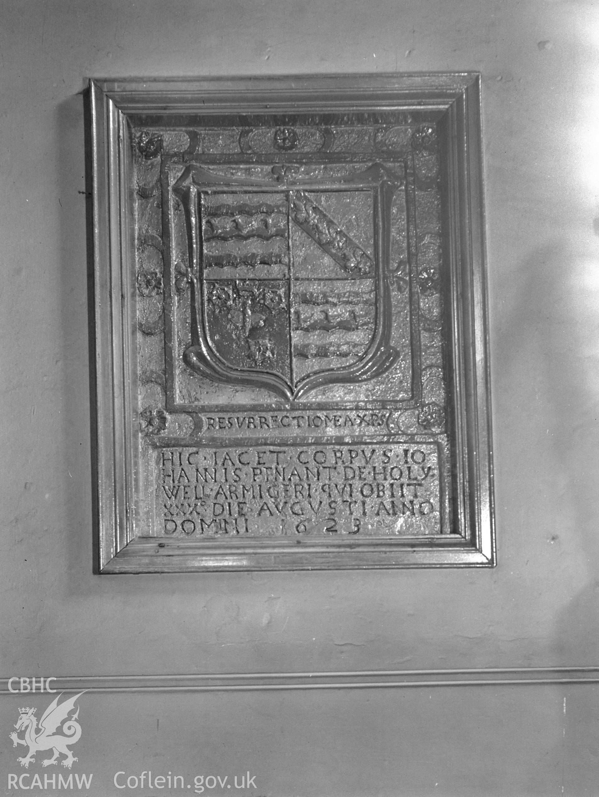 Interior view of Holywell Church showing heraldic shield, taken 13.05.1942.