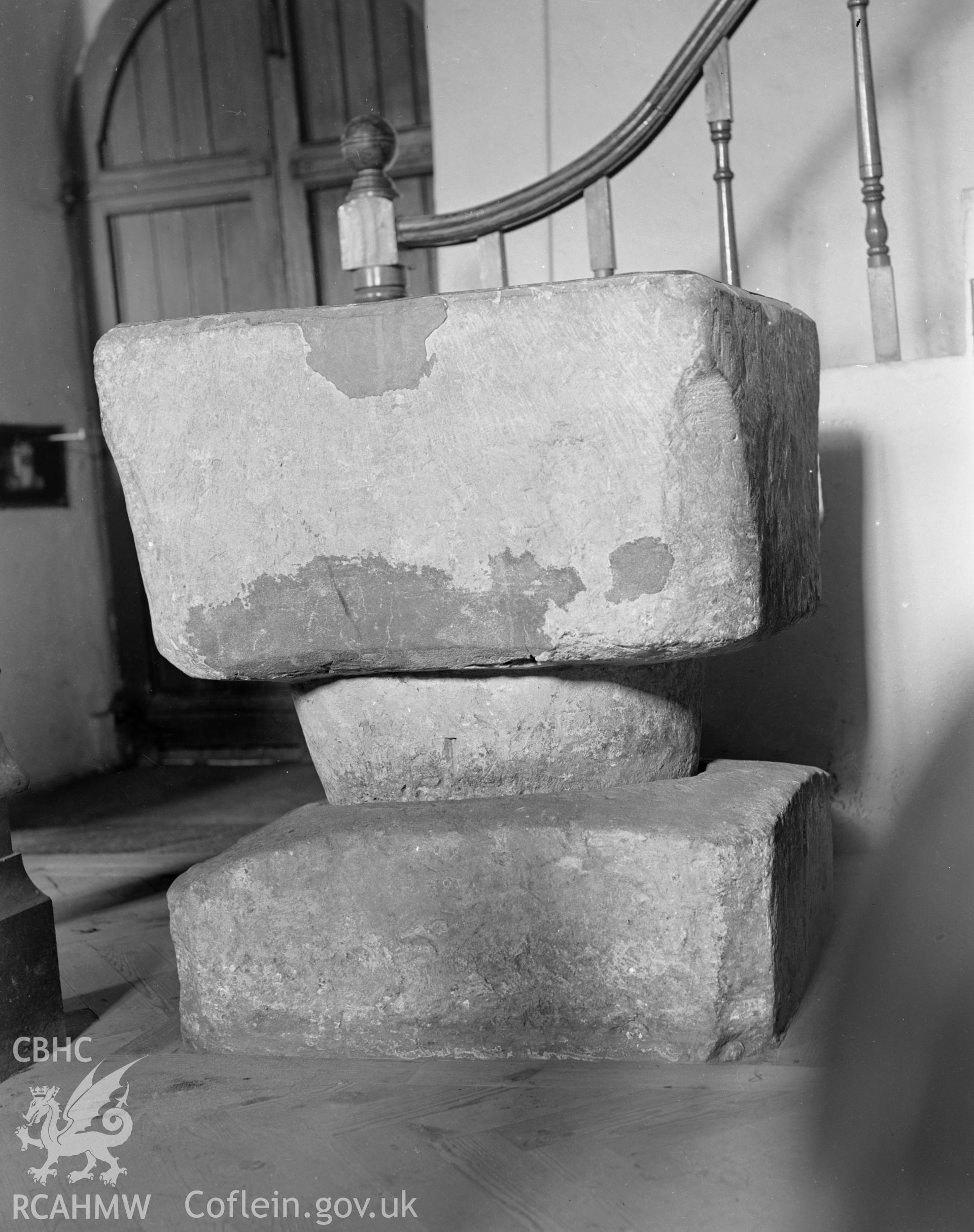 Interior view of Bishopston Church, Gower showing the font, taken 10.06.1941.