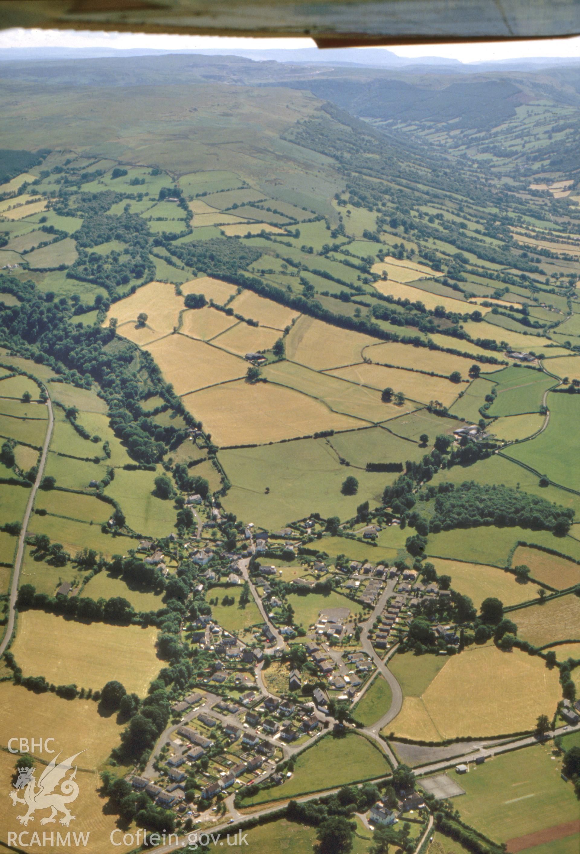 Slide of RCAHMW colour oblique aerial photograph of Llangynidr, taken by C.R. Musson, 1989.