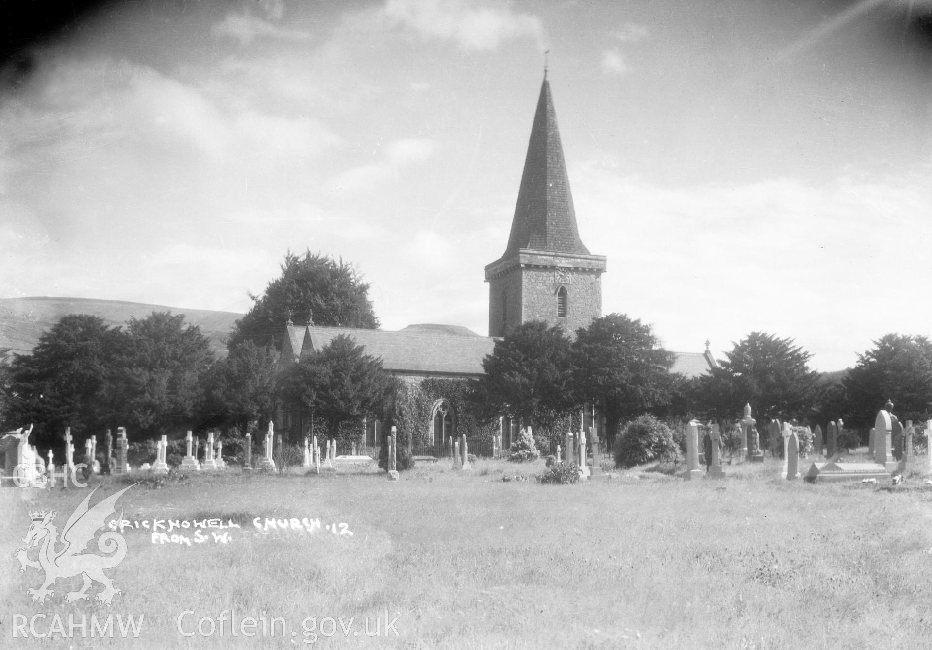 View of Crickhowell Church from the southwest,  taken by W A Call circa 1920.