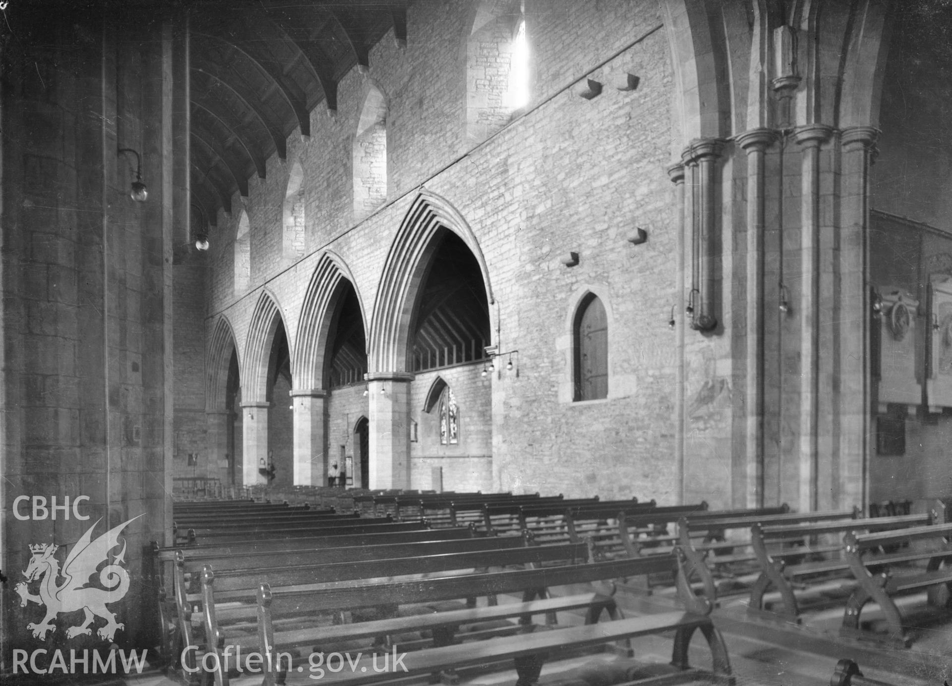 Interior view of the nave of Brecon Priory Church, taken by W A Call circa 1920.