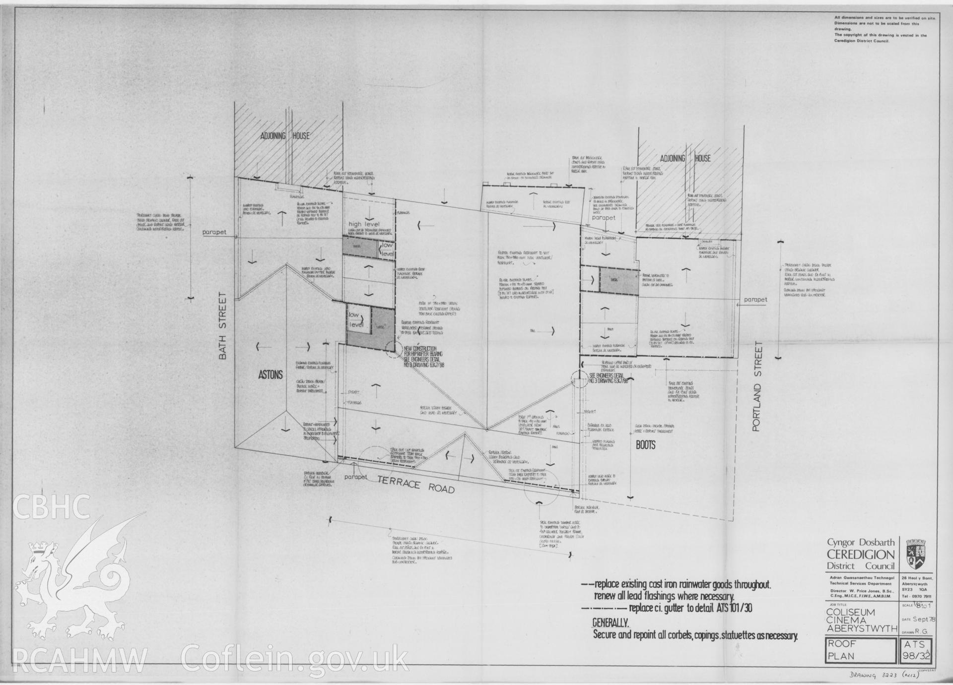 Copy of a non RCAHMW drawing showing roof plan of Coliseum Cinema, Aberystwyth, received in the course of threatened buildings case ref no M/DES/B/CD/79/01