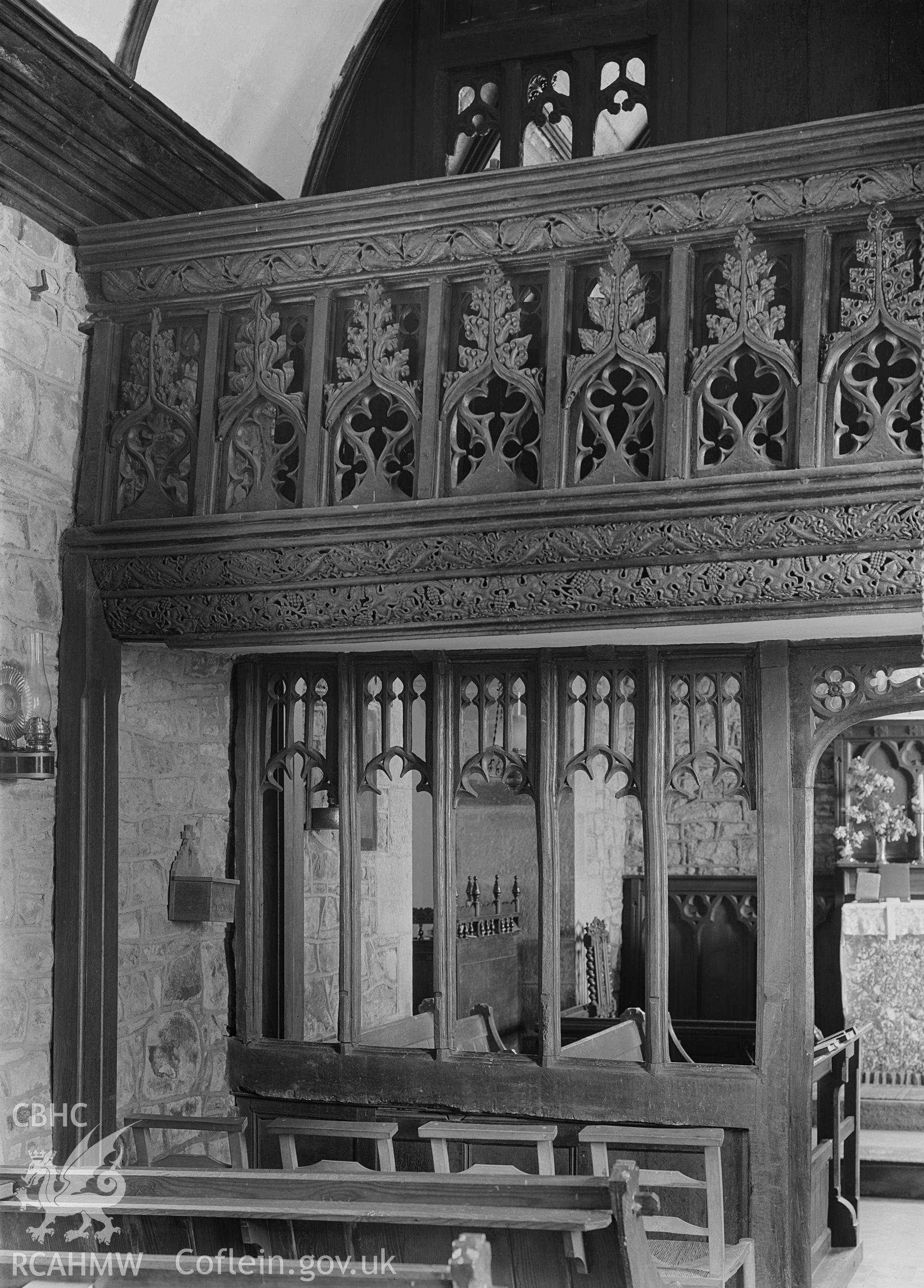 Interior view of Bettws Newydd Church showing rood screen.