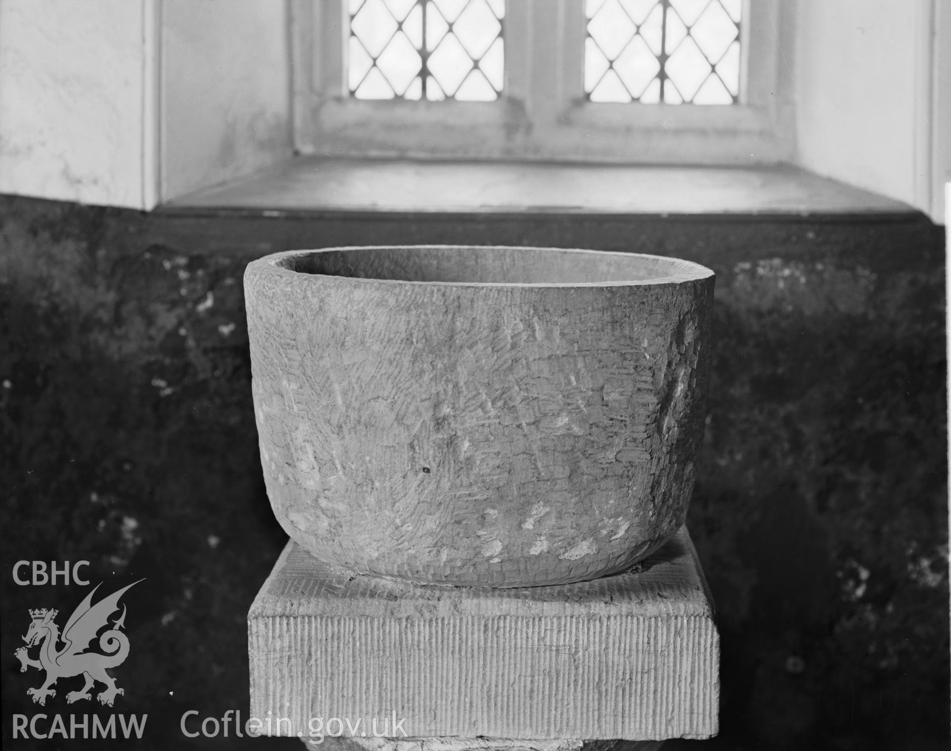 View of font at St Peters Church, Llanbedr y Cennin, taken 08.05.48.