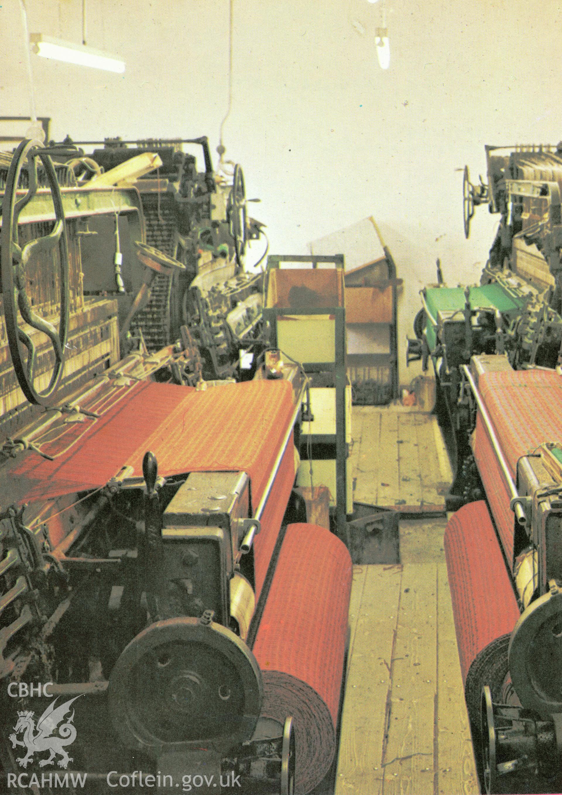 Interior view showing the looms used for making bed covers at Cambrian Wool Factory.