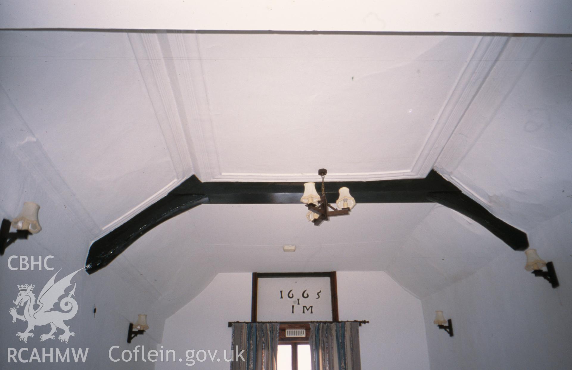 Interior view showing arched brace truss and inscription at High Street end.