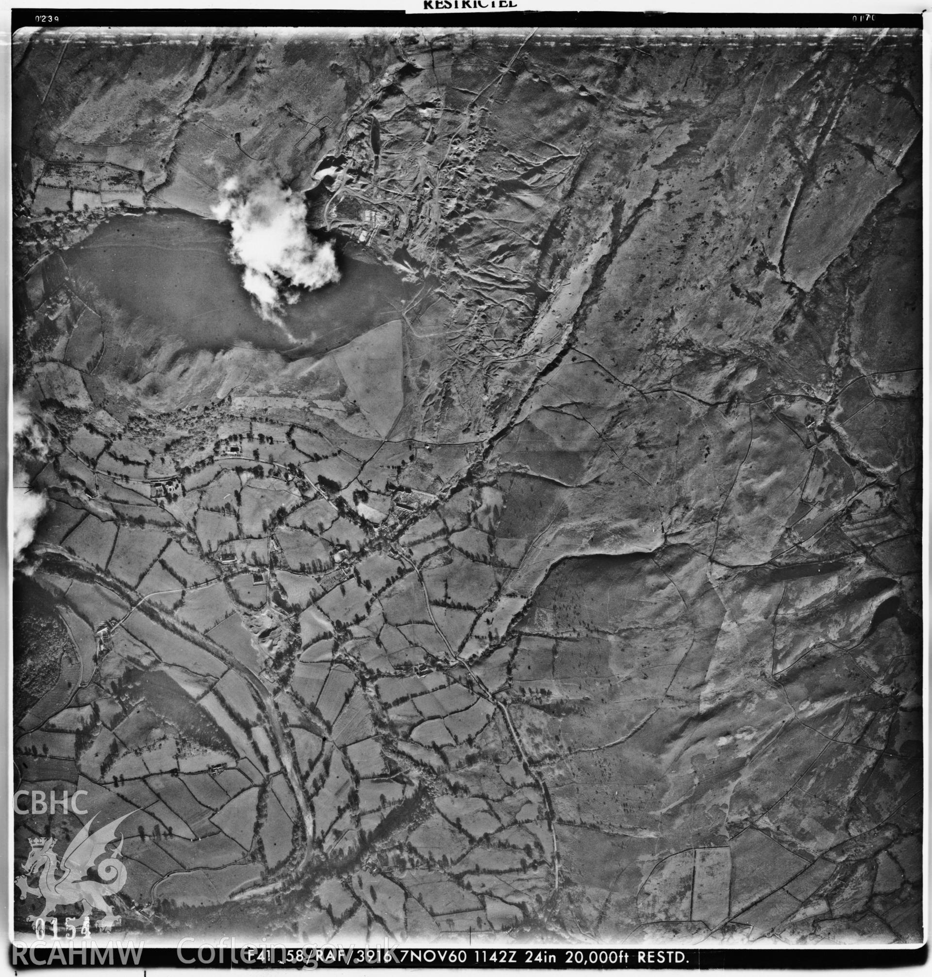 Black and white vertical aerial photograph showing the Rhandirmwyn area taken by the RAF, 1960.