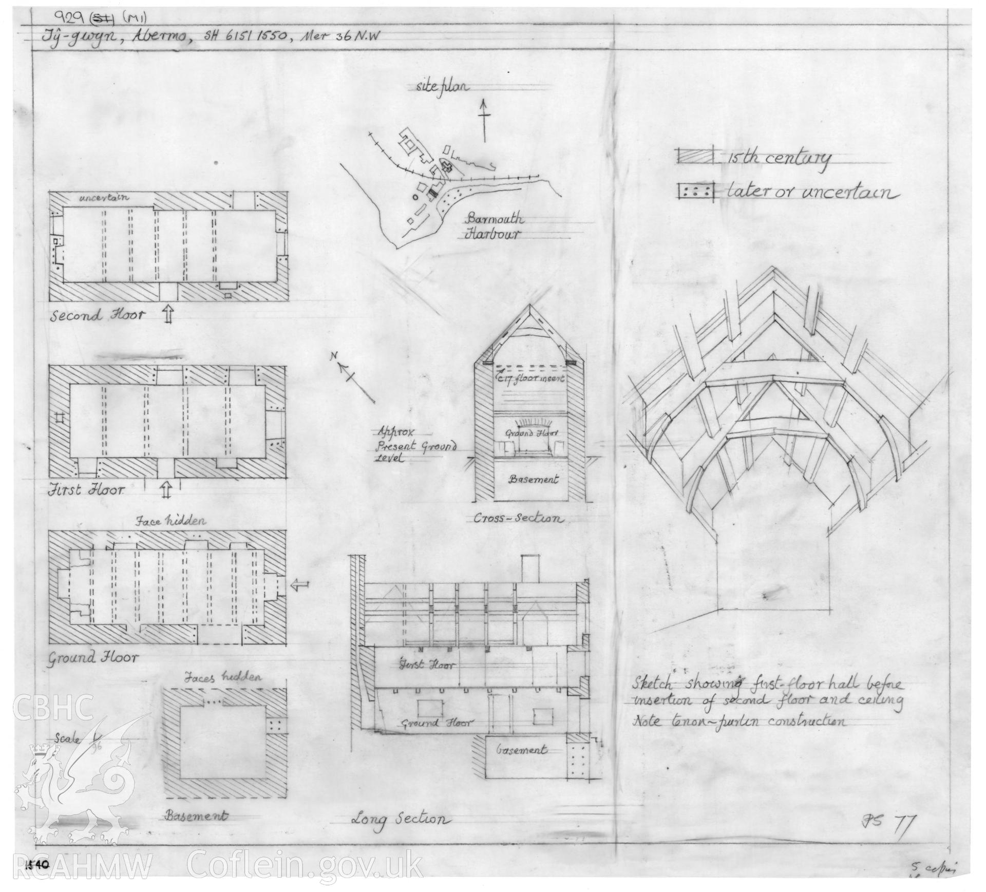 RCAHMW drawing showing  plan, section and sketch of Ty Gwyn, Barmouth.