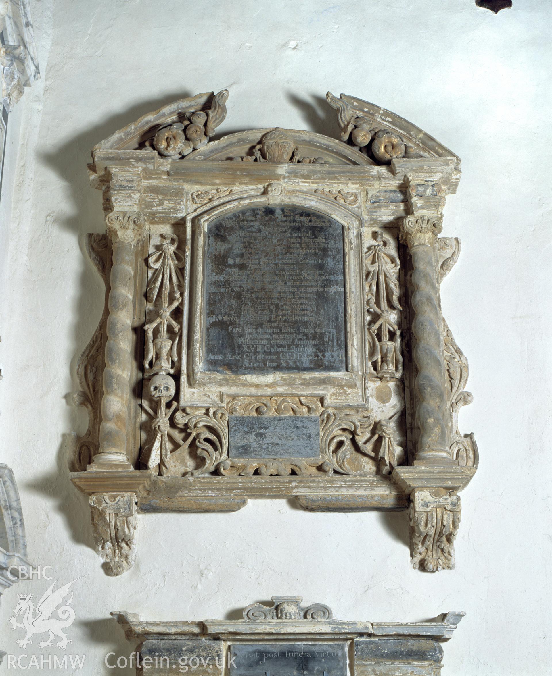 RCAHMW colour transparency showing detail of a monument to Sir J. Scurlock, in St Peter's Church, Carmarthen.