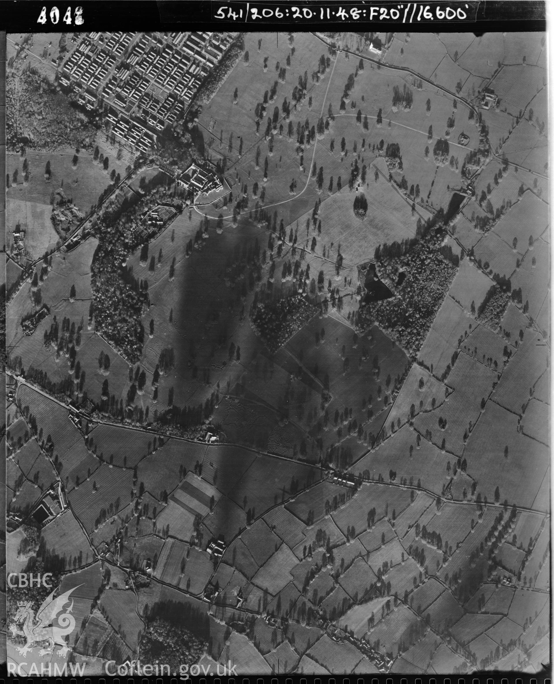 Black and white vertical aerial photograph taken by the RAF on 20/11/1948 centred on SJ00207428 at a scale of 1:10000. The photograph includes part of Bodelwyddan community in Denbighshire.