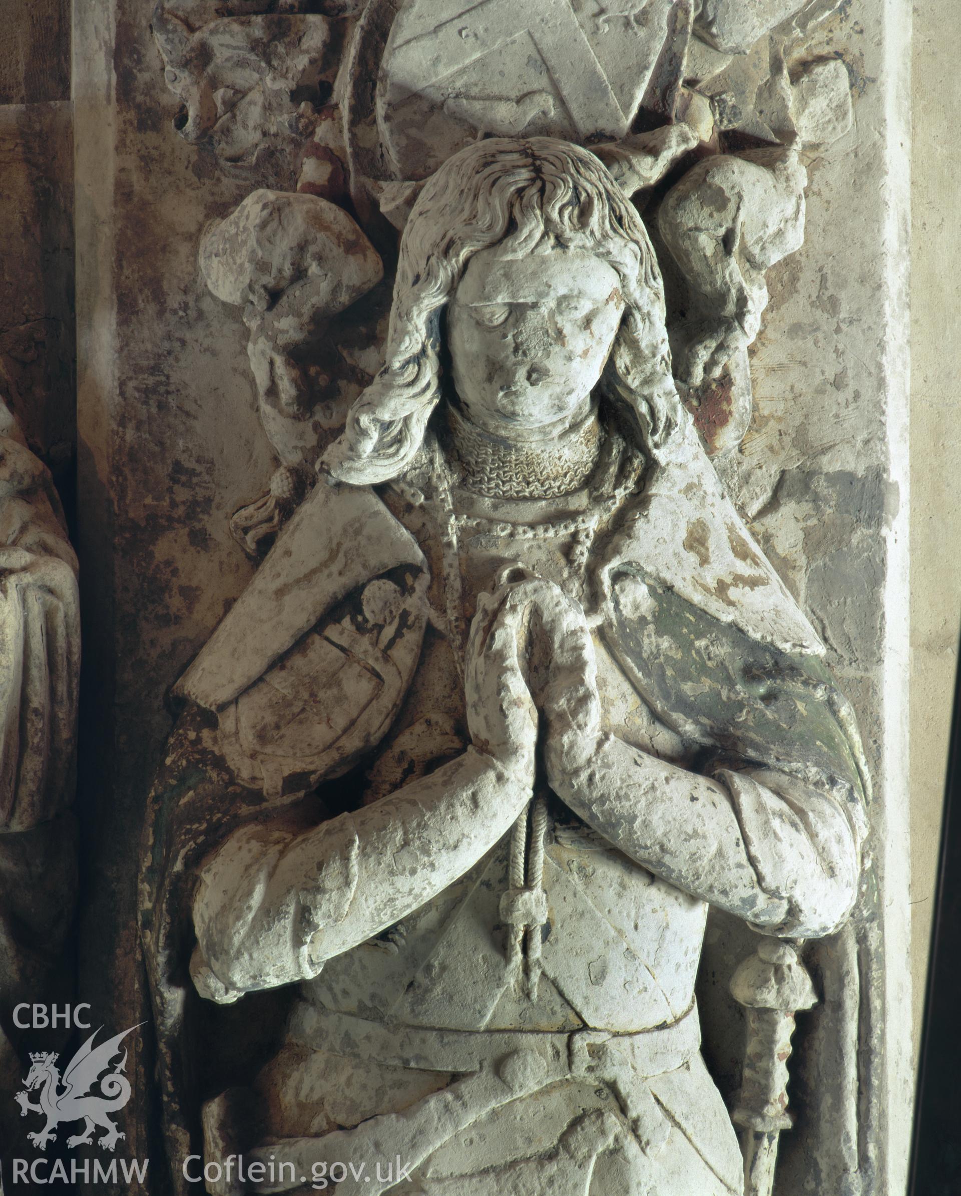 RCAHMW colour transparency showing detail of a monument to Sir Rhys ap Thomas, in St Peter's Church, Carmarthen.