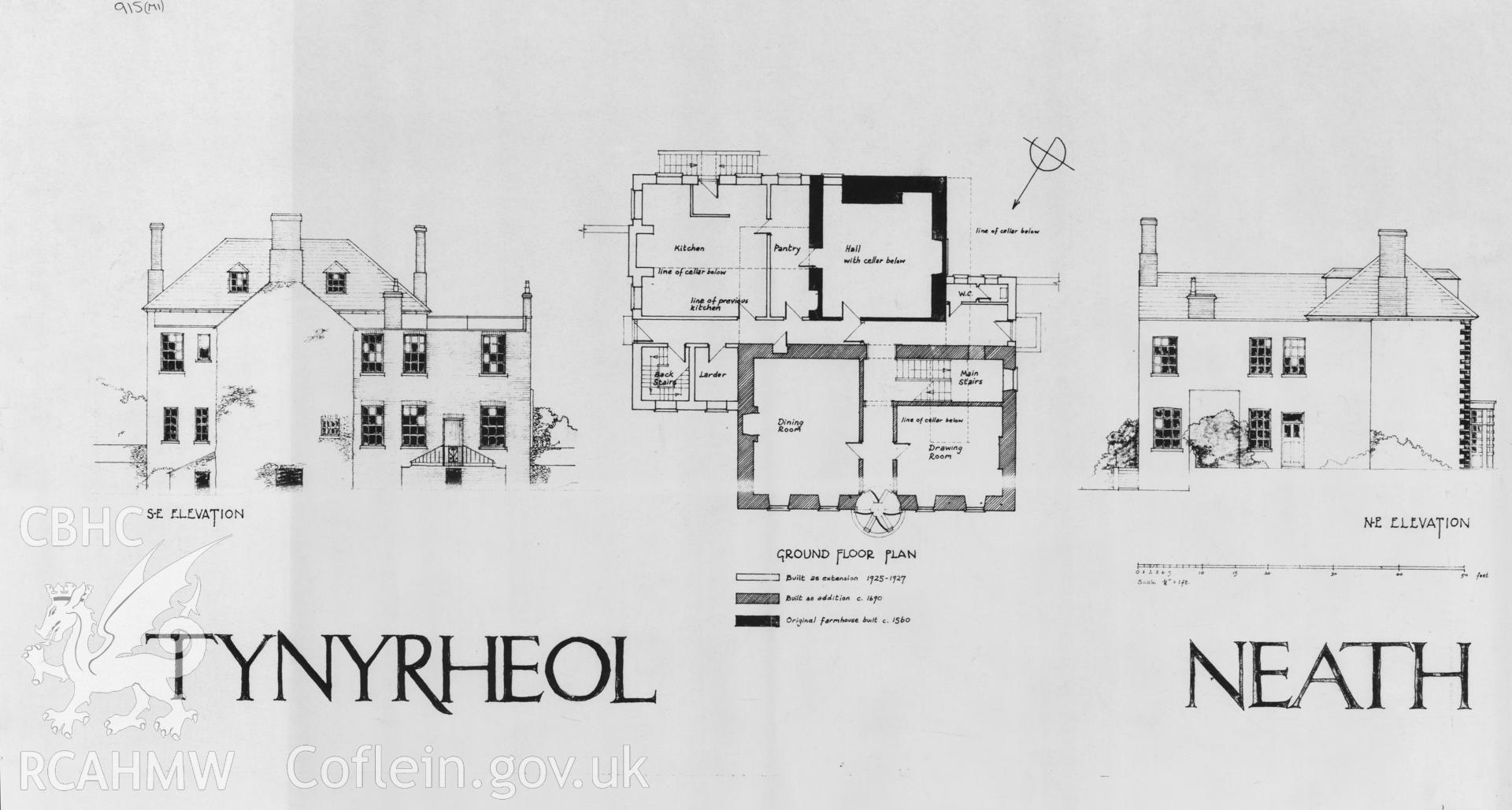 Copy of a non RCAHMW drawing showing plan and elevation of Tyn yr Heol, Neath.