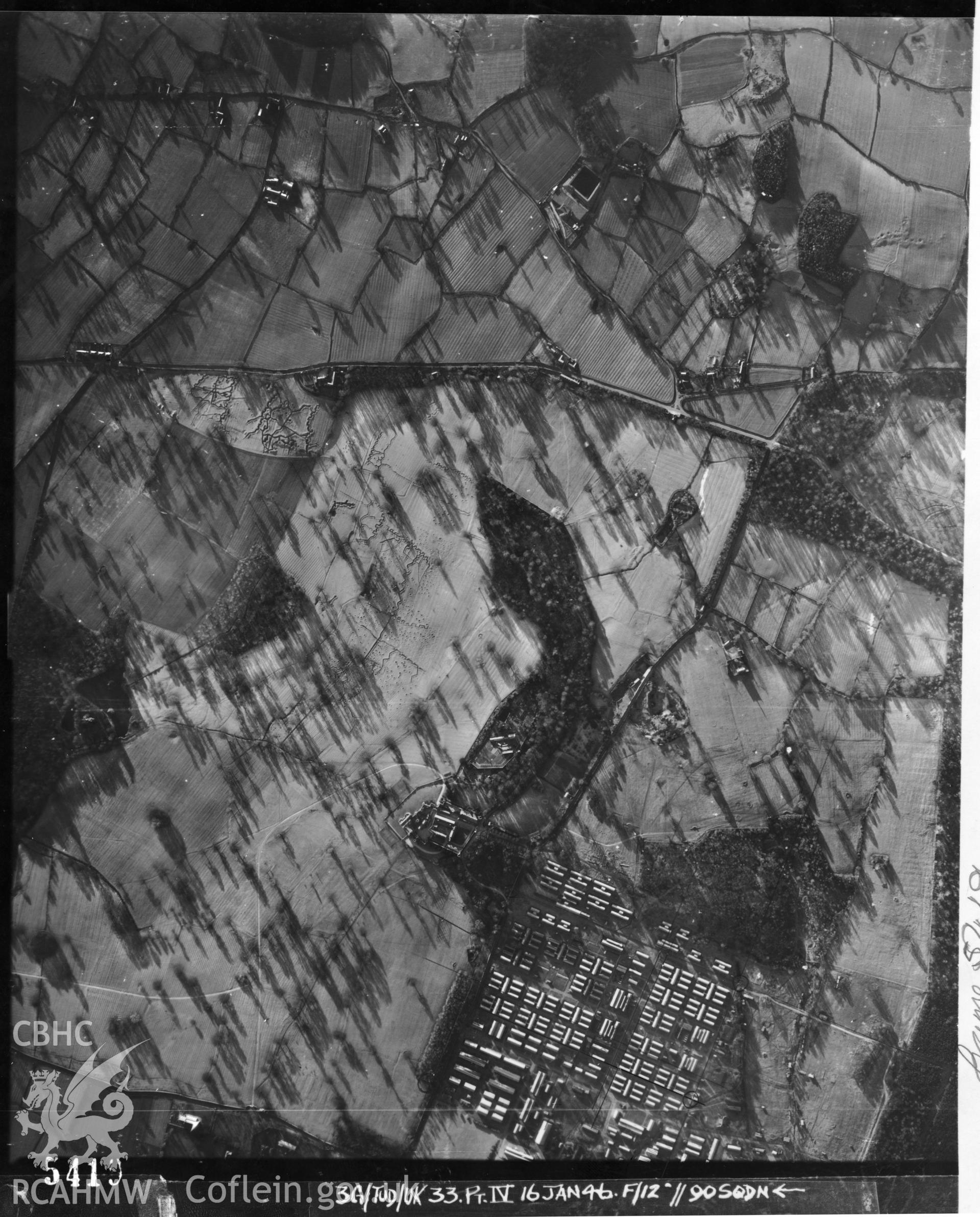 Black and white vertical aerial photograph taken by the RAF on 16/01/1946 centred on SJ00297419 at a scale of 1:10000. The photograph includes part of Bodelwyddan community in Denbighshire.