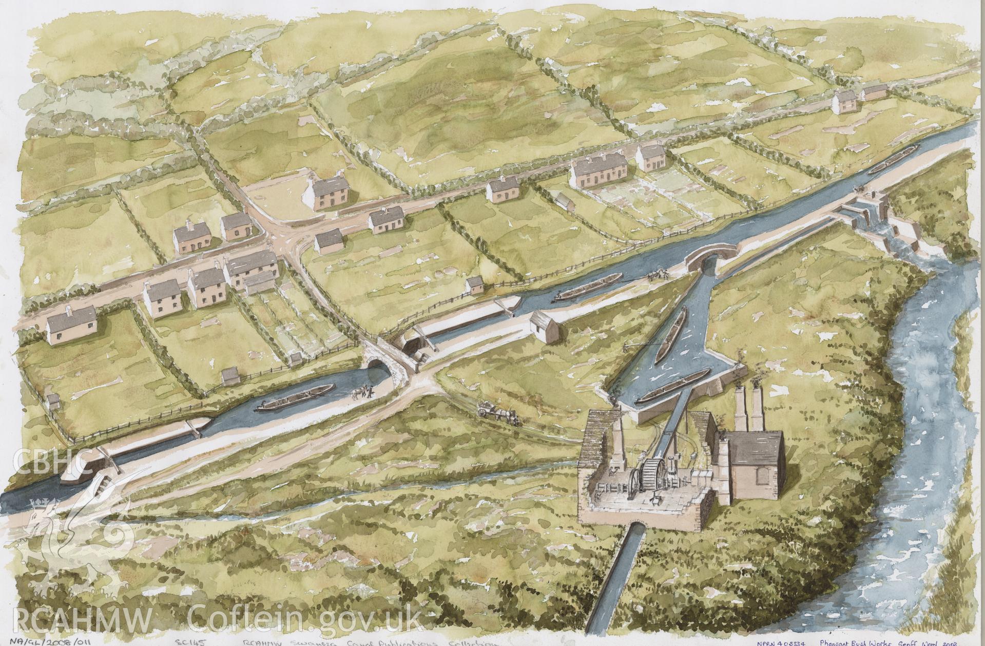 Watercolour by Geoff Ward comprising a reconstruction view of Pheasant Bush Works, Dyffryn Clydach as it would have appeared in the mid-nineteenth-century.