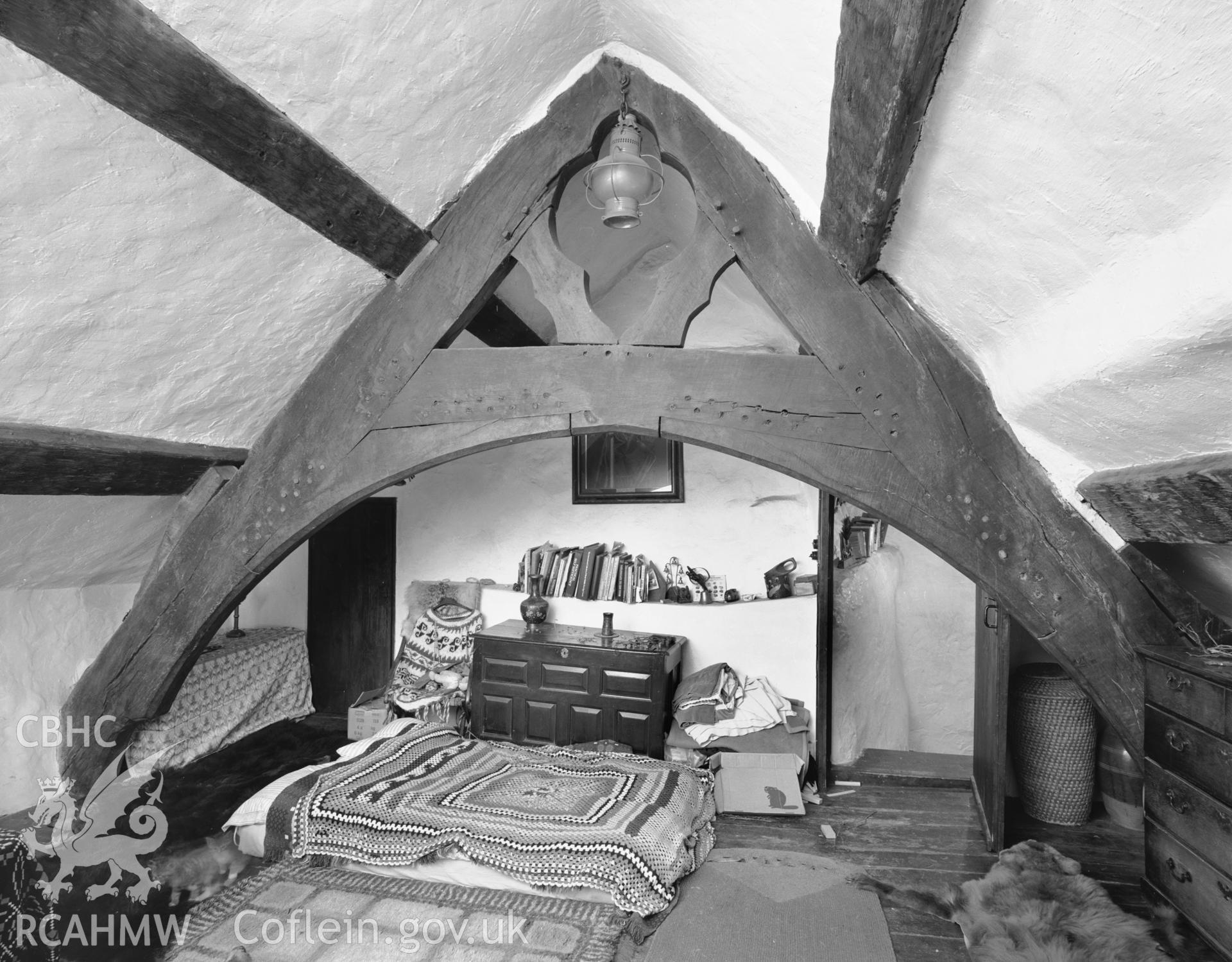 Interior, first floor, ornate roof framing