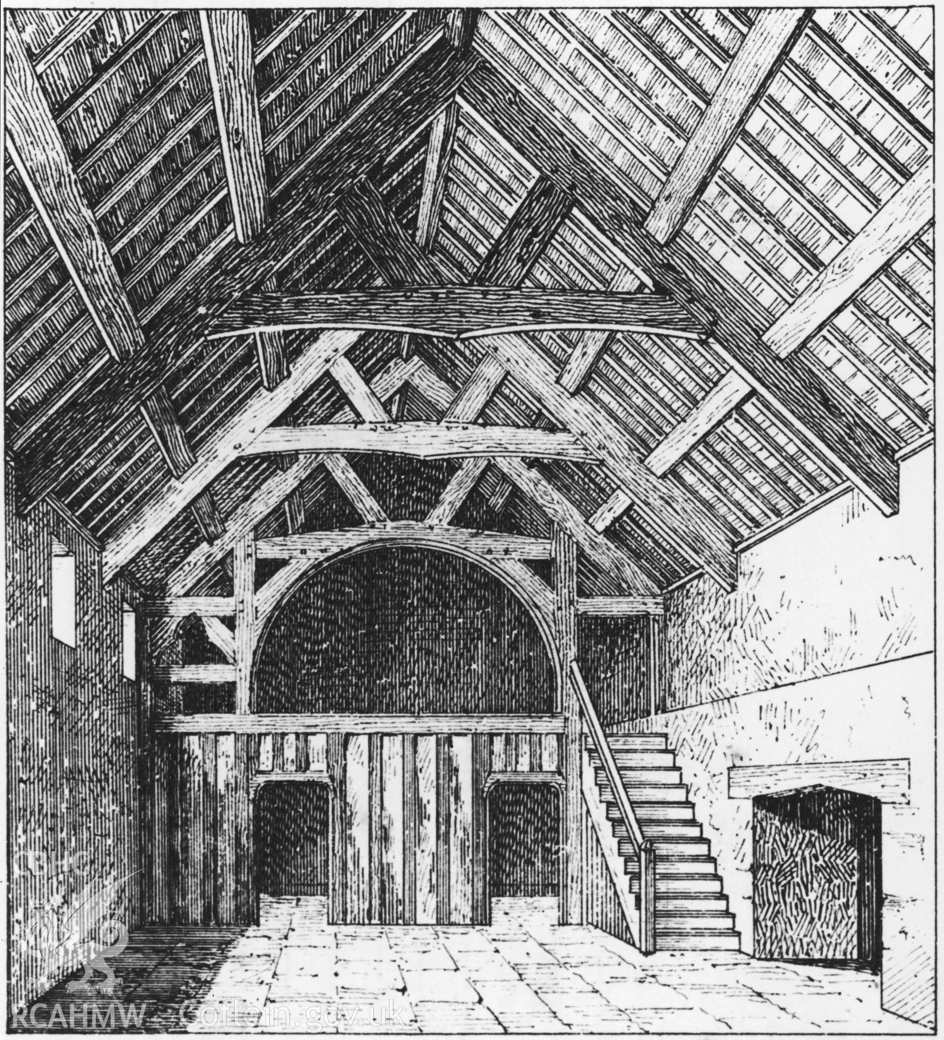 Line drawing showing interior of hall