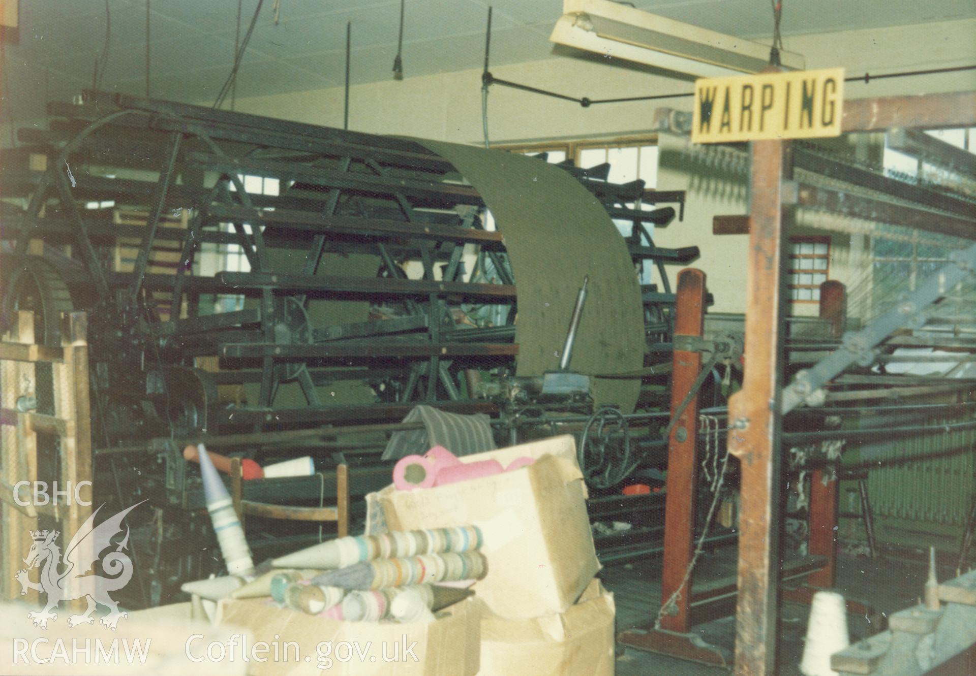 Interior view showing the warping machine at Cambrian Wool Factory.