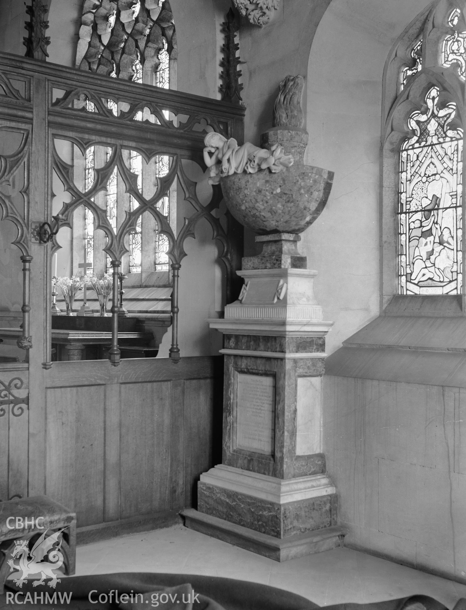 Interior view of St Twrog's Church, Llandarog, showing memorial taken 28.04.1938.