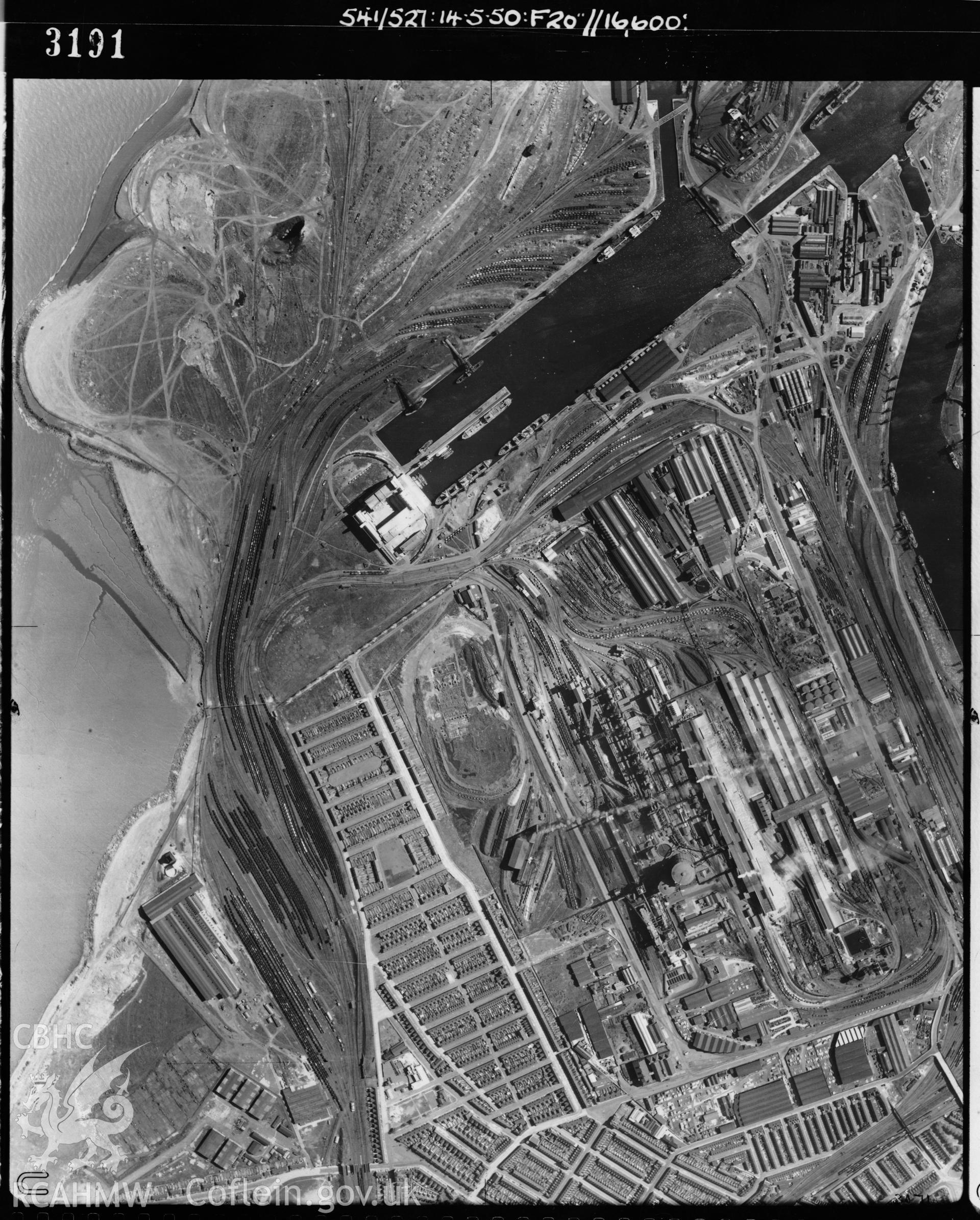 Black and white vertical aerial photograph taken by the RAF on 14/05/1950 centred on ST20367551 at a scale of 1:10000. The photograph includes part of Splott community in Cardiff.