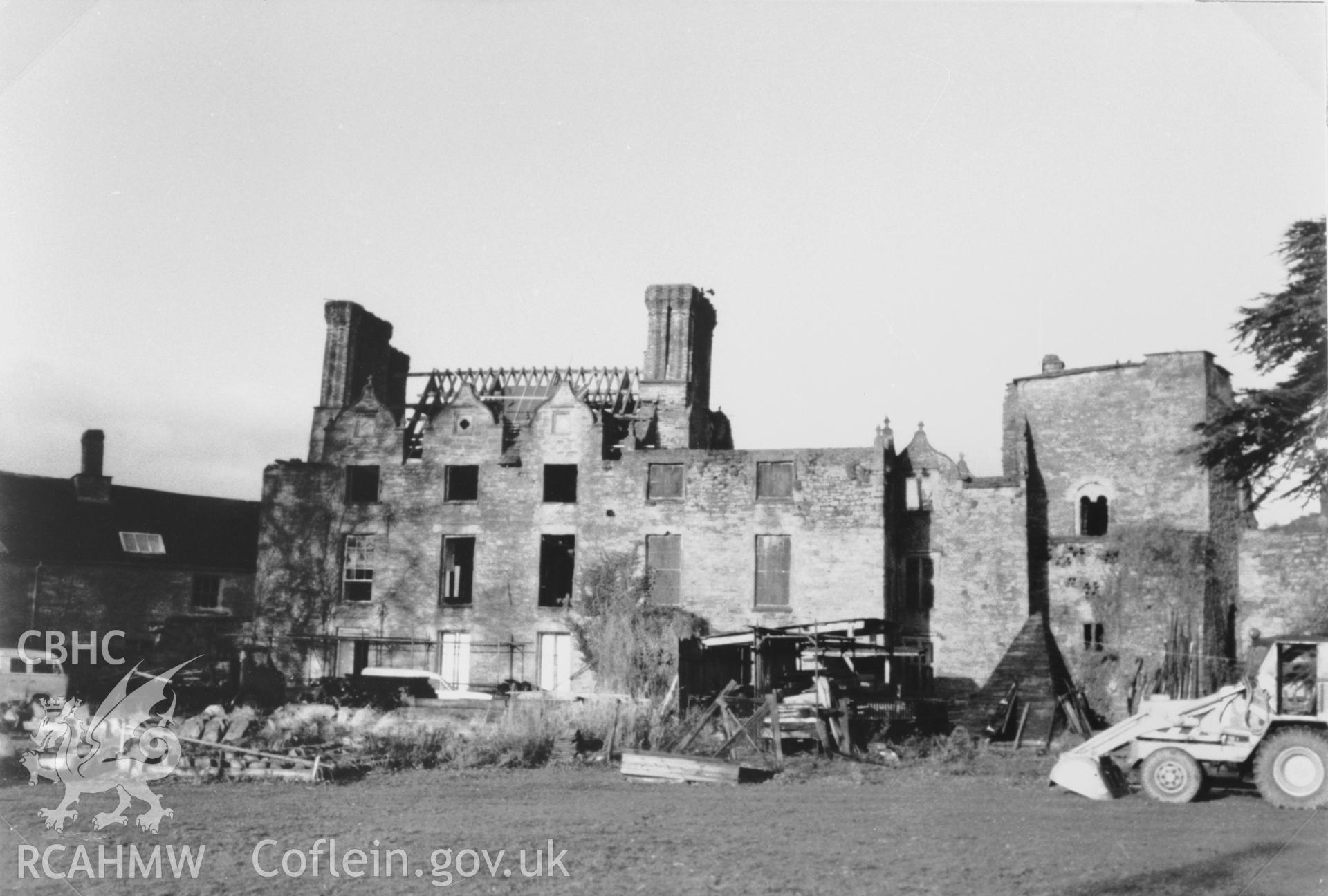 View of  Castle House, Hay Castle probably taken after the 1977 fire. Black and white photograph copied from a photo loaned for copying by Thomas Lloyd.