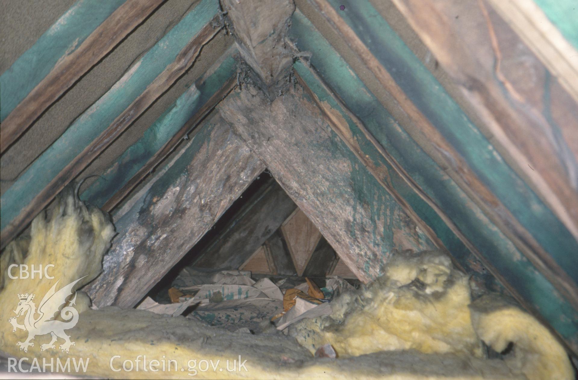 Interior view showing roof truss apex looking to High Street.