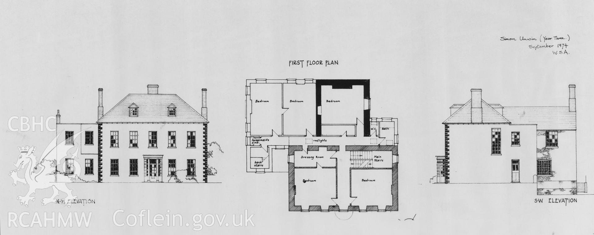 Copy of a non RCAHMW drawing showing plan and elevation of Tyn yr Heol, Neath.