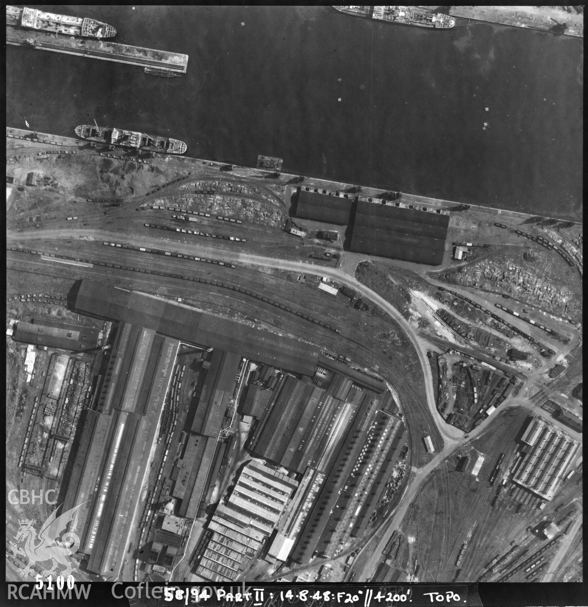 Black and white vertical aerial photograph taken by the RAF on 14/08/1948 showing Roath Dock area of Cardiff.