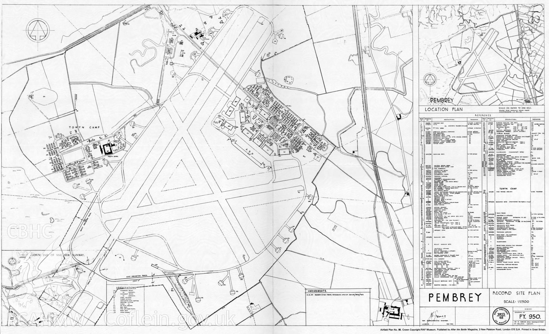 Site plan and location plan of Pembrey Airfield, with key, identifying individual buildings produced by Air Ministry, c.1945