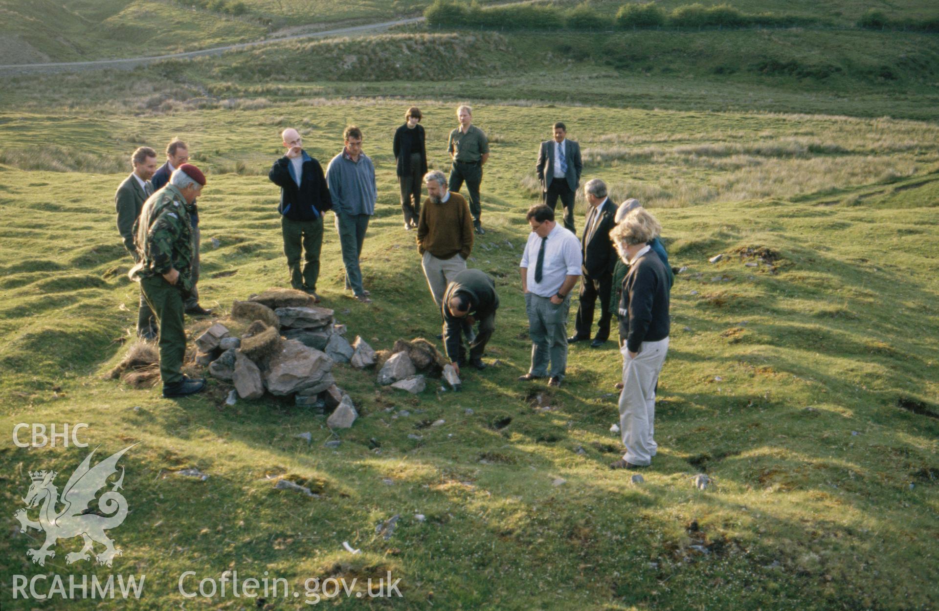 Colour slide taken by Toby Driver showing the Sennybridge Conservation Group at Blaen Dunonw deserted rural settlement, June 1997.