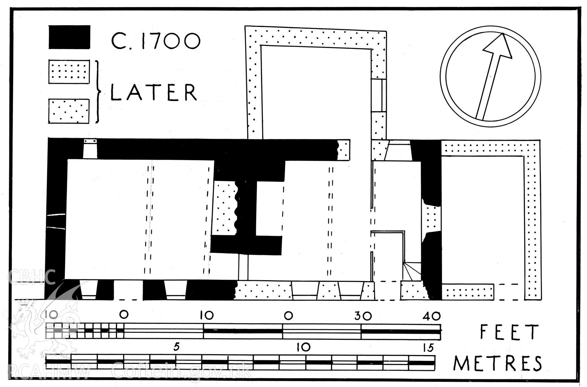 RCAHMW drawing (ink on linen) showing plan of Tyddyn Du, Penmachno