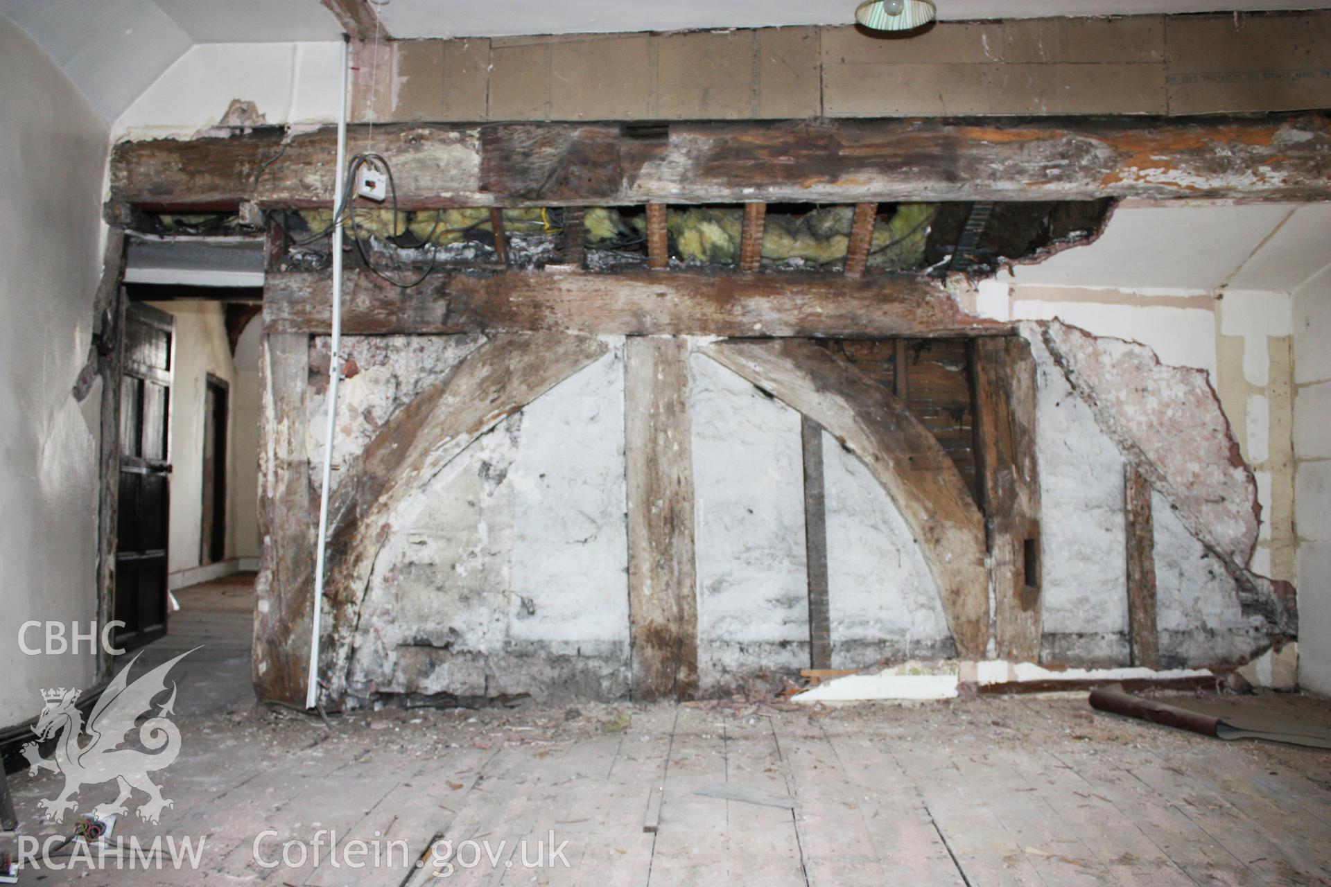 51, Clwyd Street, interior, hall original wall plate and braced wall panel at present first-floor.